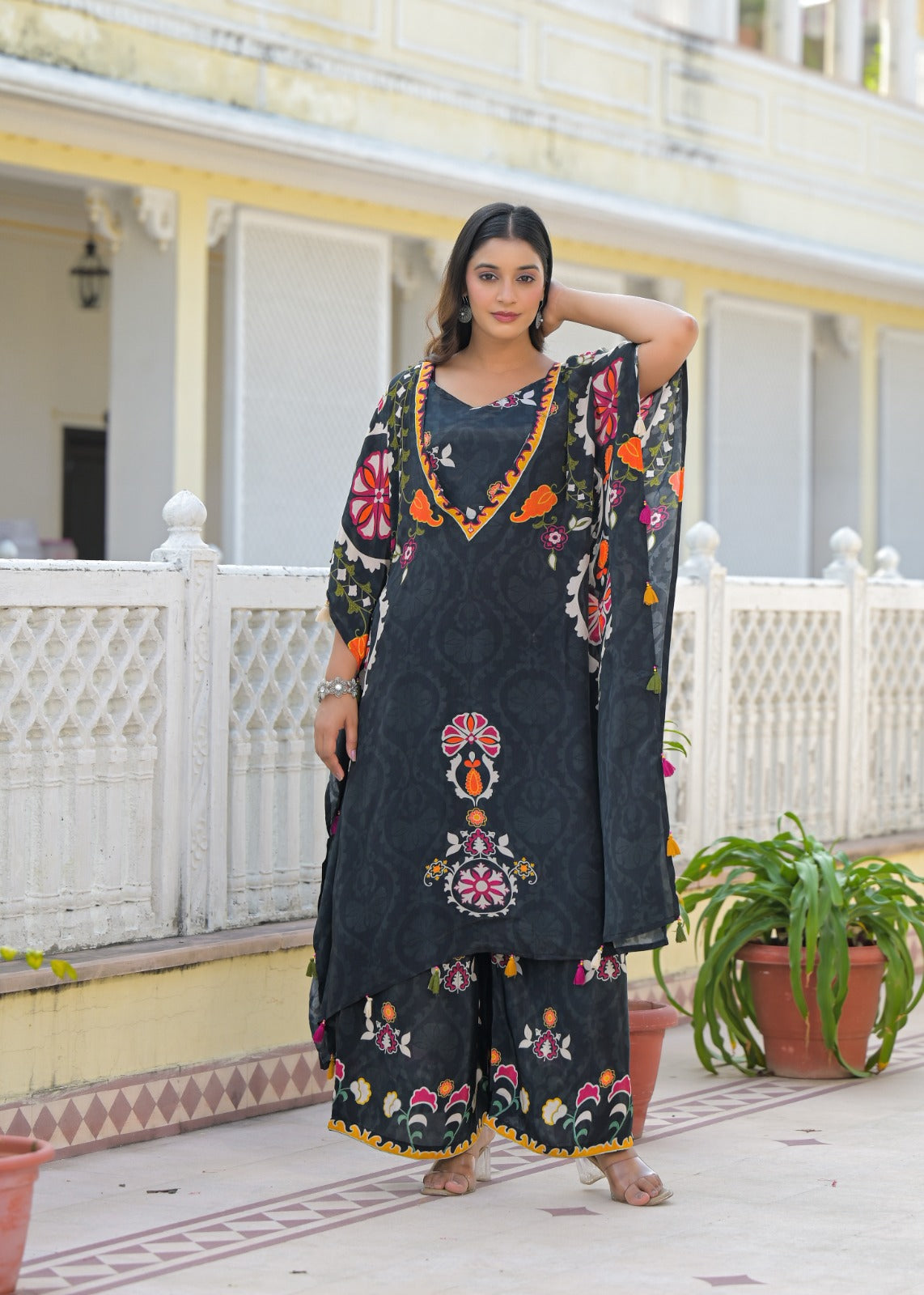 Pure Crepe Printed Kaftan with Loose Bottom And Busters