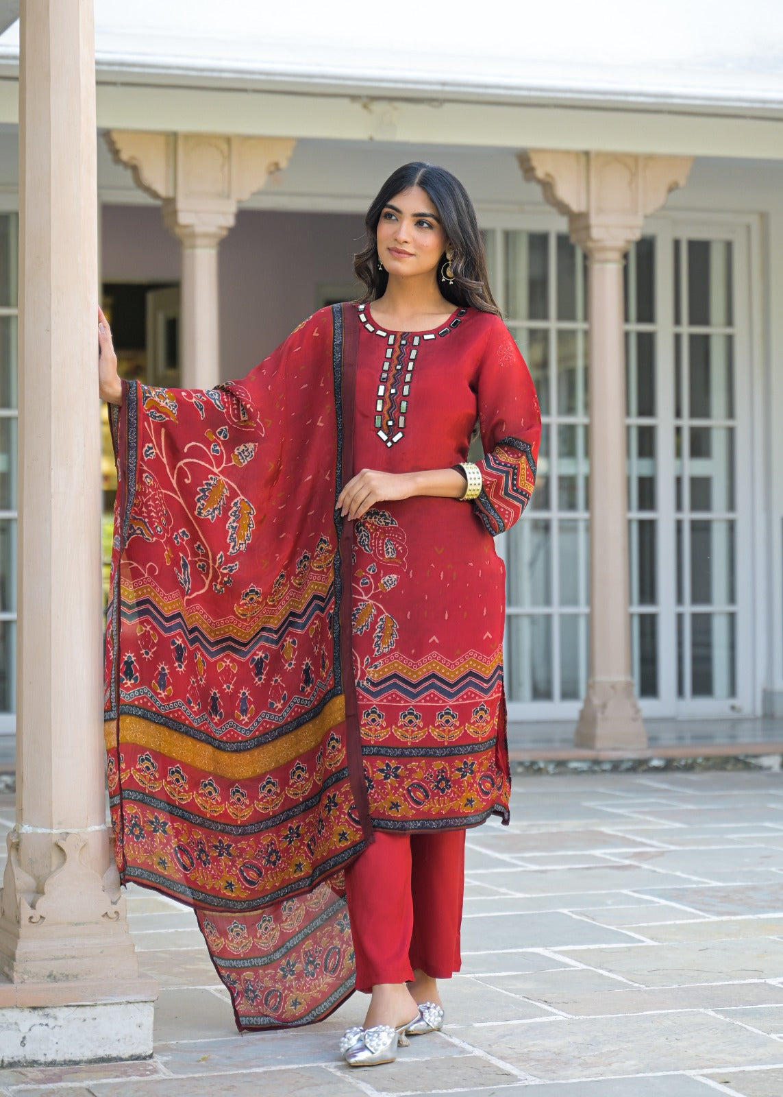 Premium Crepe Printed Suit Set With Real Mirror-Work Neckline, Designer Sleeves & Matching Dupatta-12810,12808