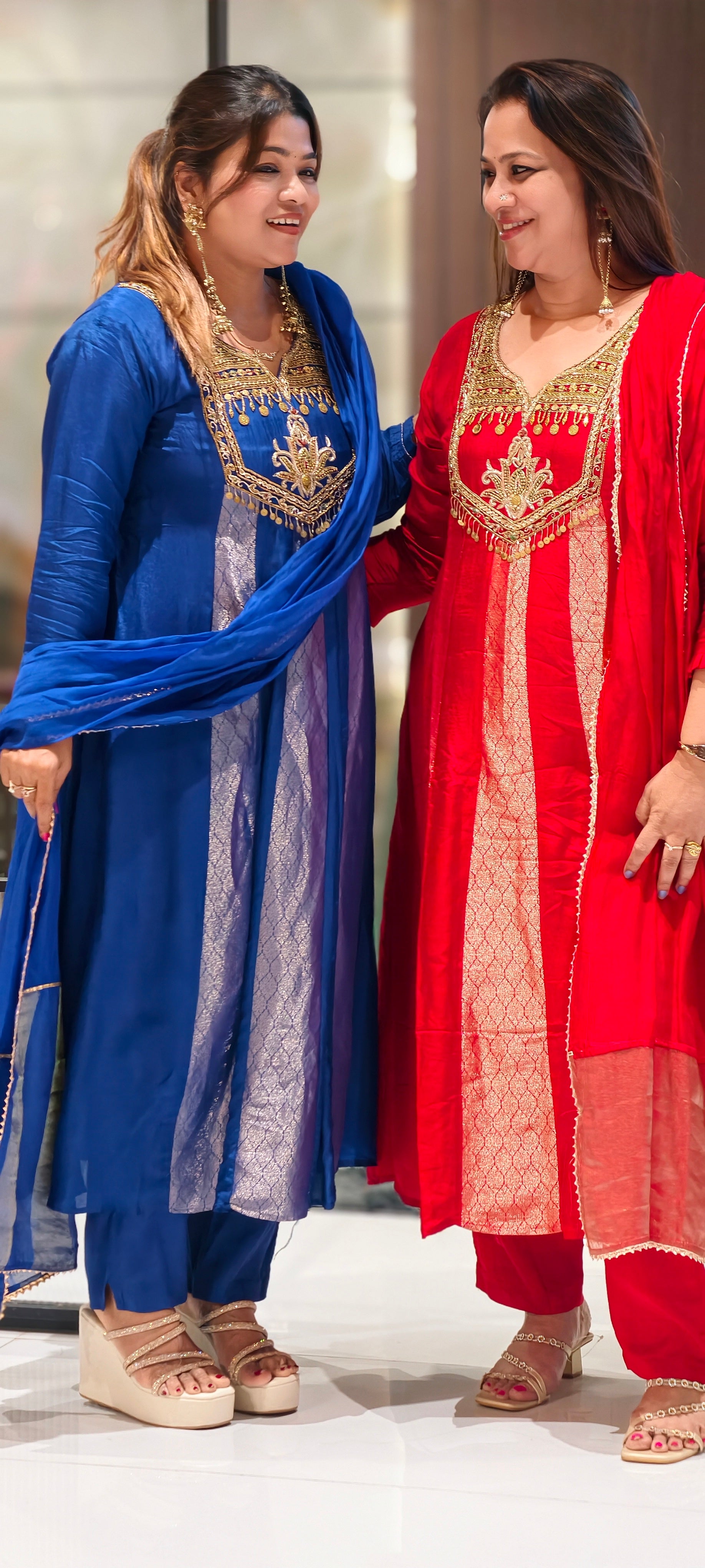 Scarlet Grand Regal Gold Embroidered Festive Ensemble Brocade Panels Russian Silk Anarkali Full Suit Set With Dupatta- 15811
