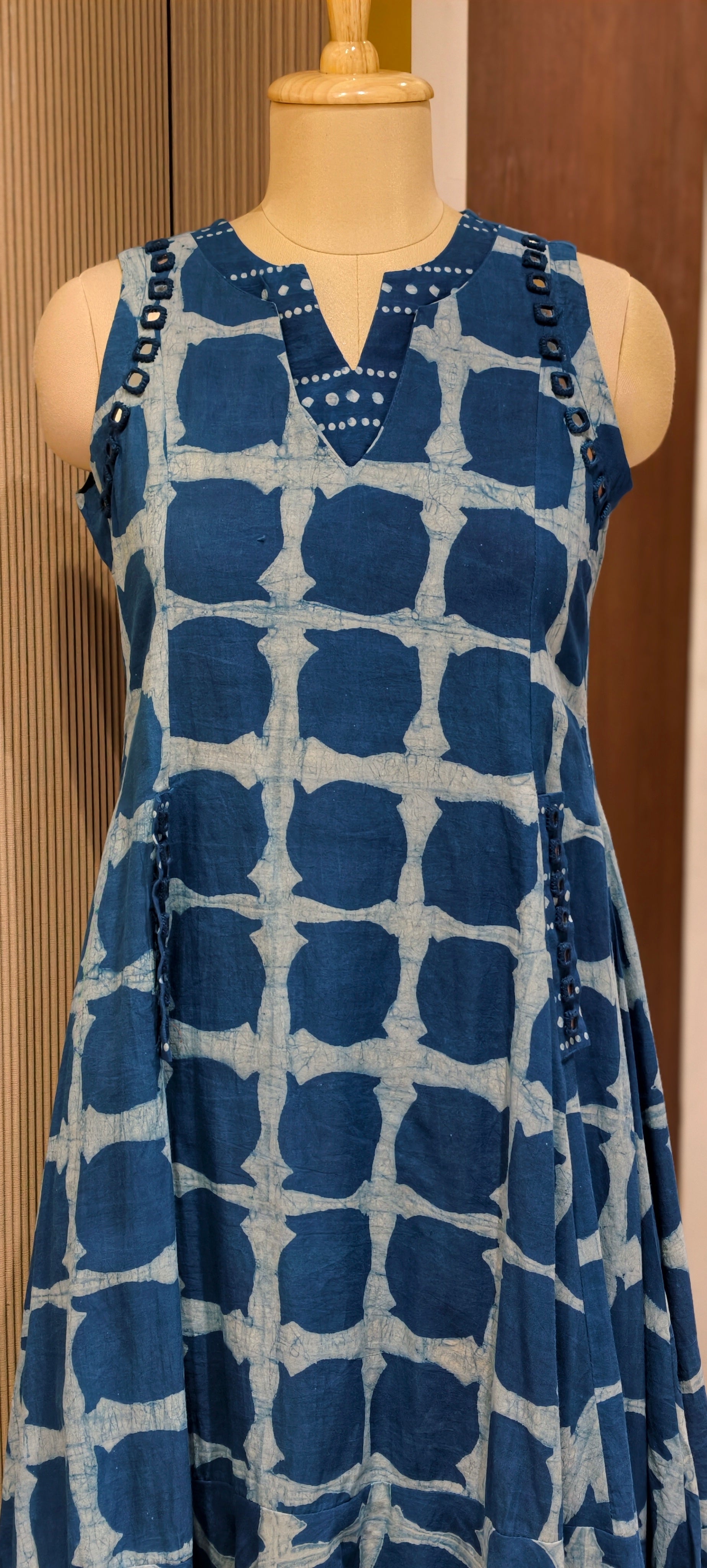 Handloom Cotton Sleeveless Frock with Shibori Print with Pockets-14183 RB174