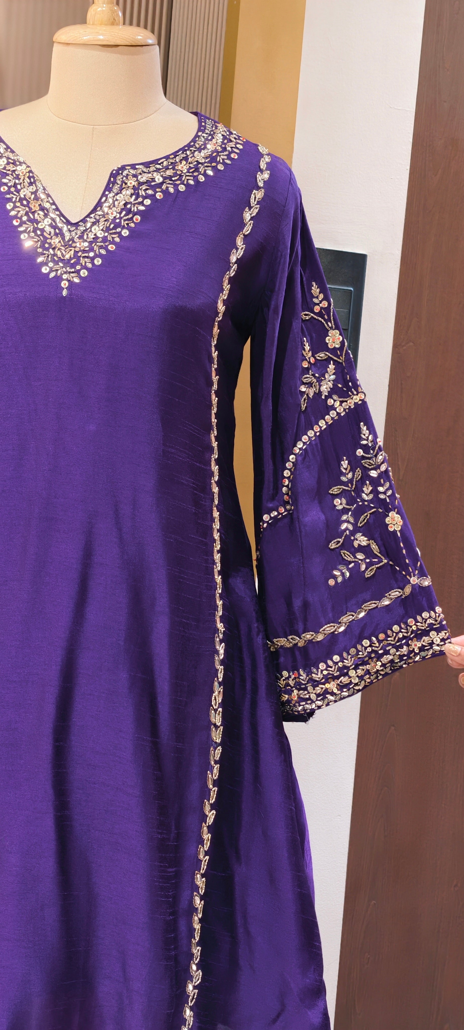 Tiny Sequin Detailing Hand Worked Contrast Mix Vibrant A-Line Full Suit Set With Dupatta In Russian Silk Fabric- 13808