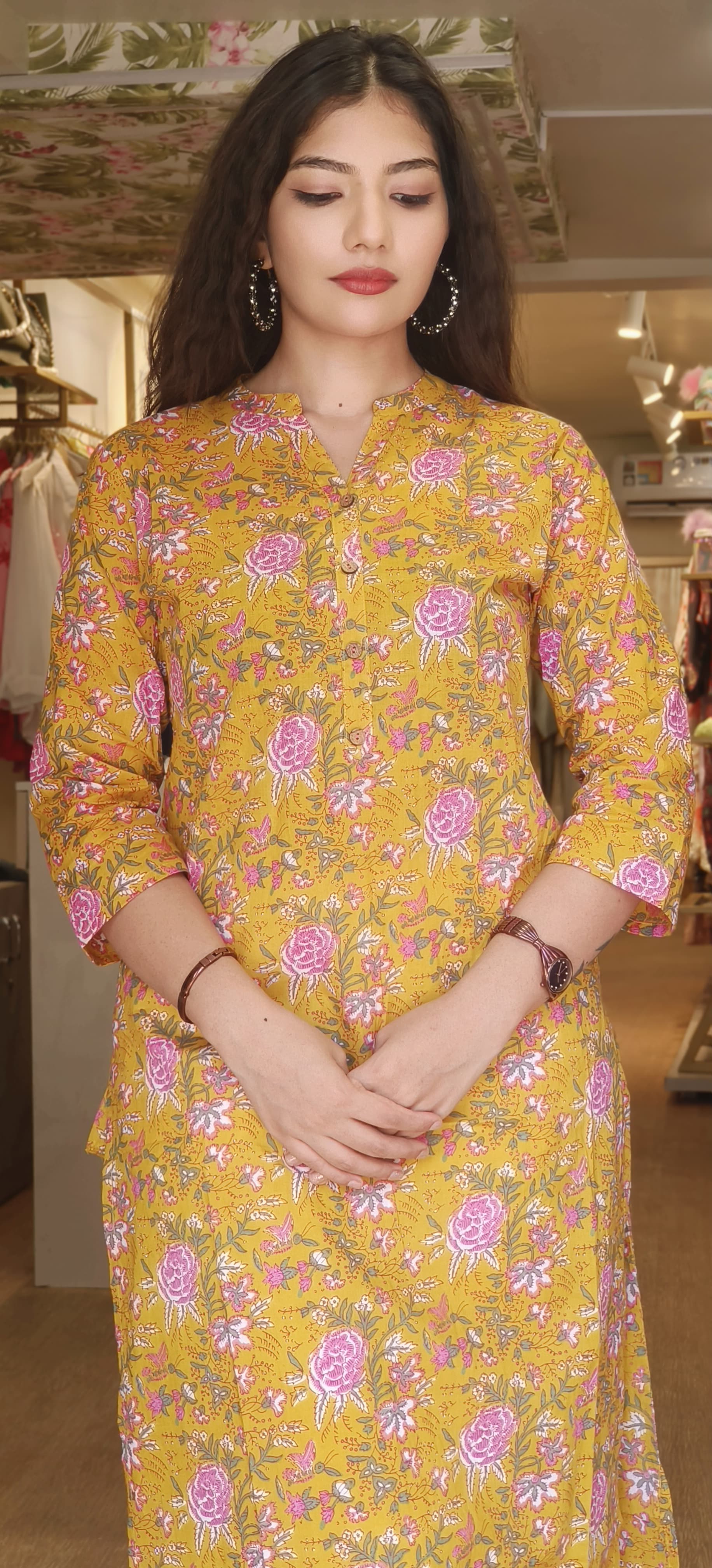 Summer Chic Mandarin Collar Floral Print Pure Cotton Kurti for Everyday Elegance-08749