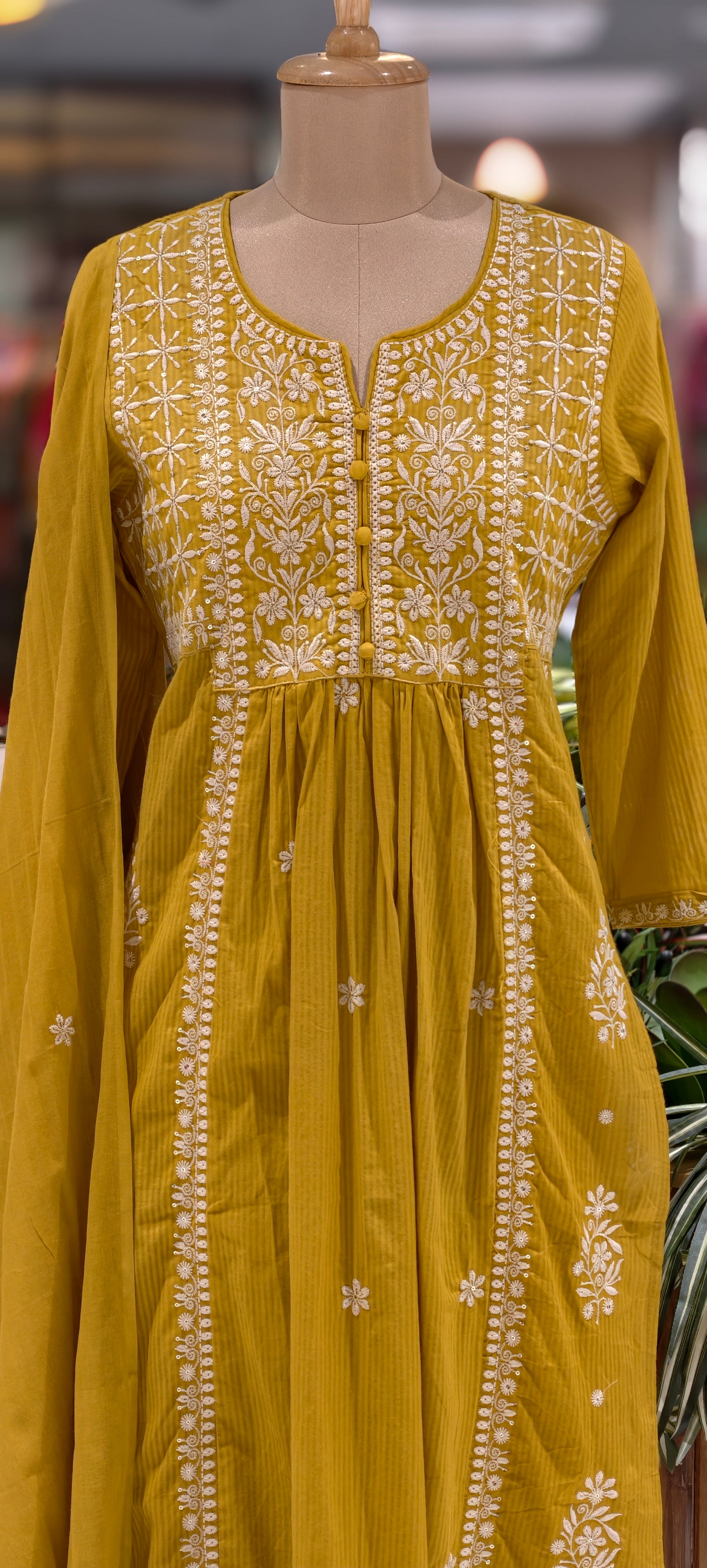 Chikankari Style Thread Embroidered Aline Kurta Set with Pants & Dupatta