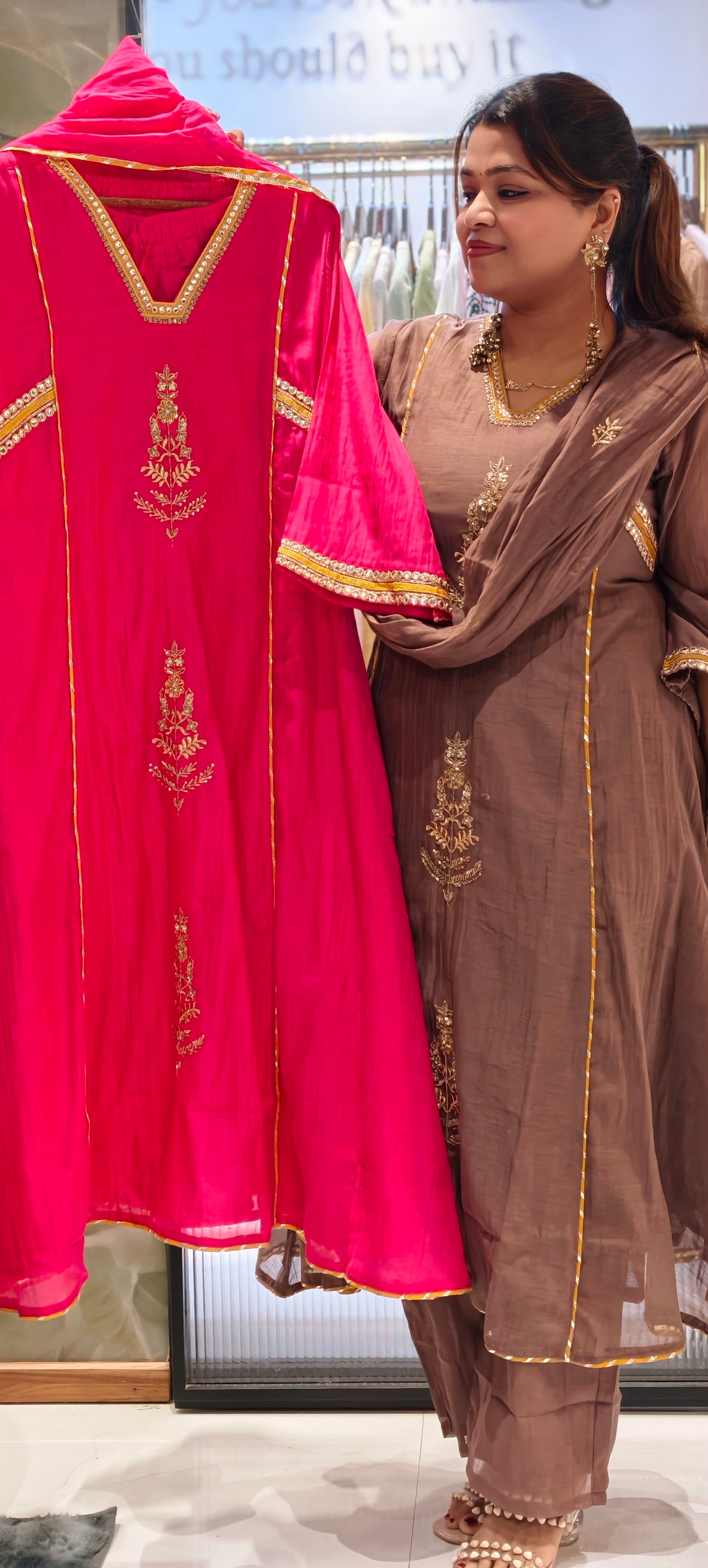 Beautiful Kundan Look Front Embroidery Highlighted A-Line Mul-Chanderi Full Suit Set With Dupatta- 15851