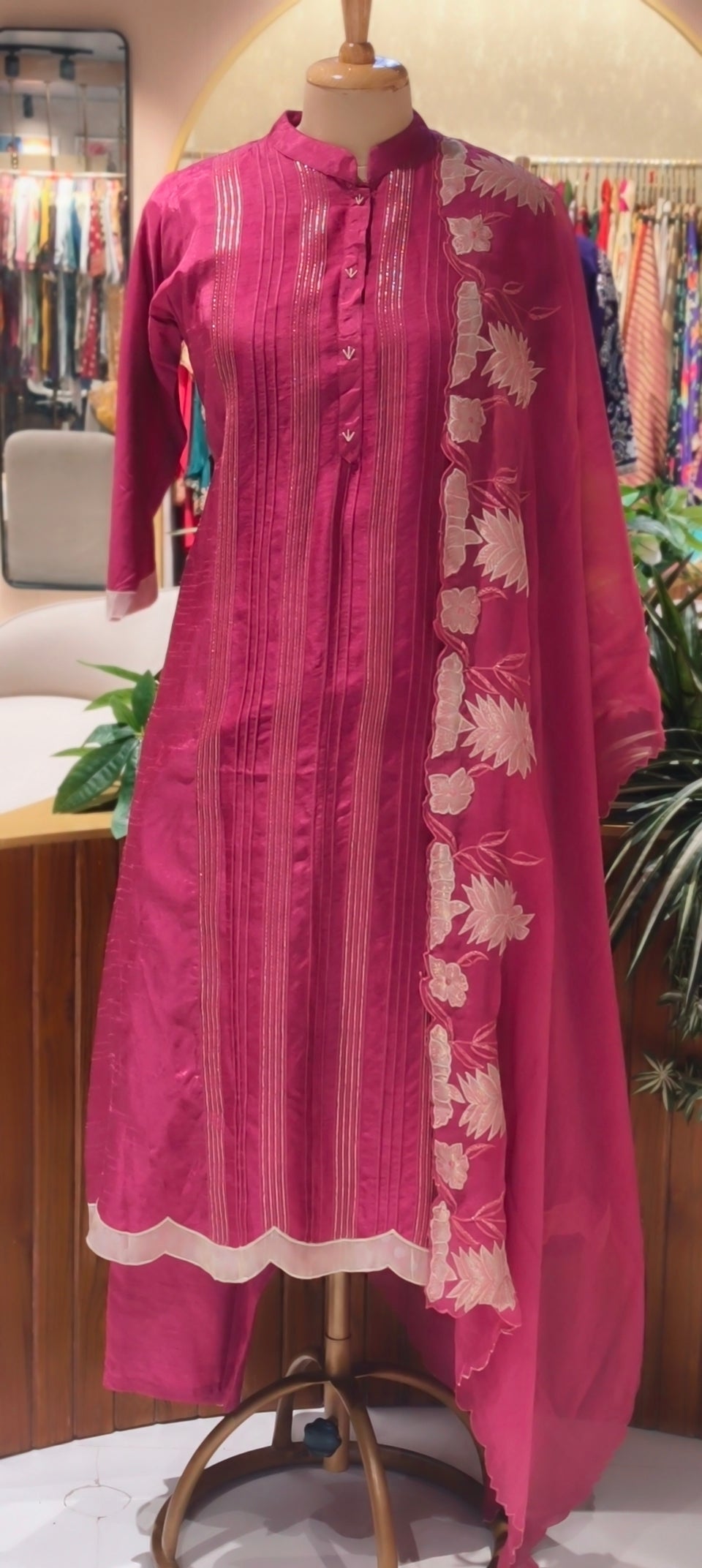 Elegant Silk Kurta full Set with Pintuck Detailing and Embroidered Sleeves with Organza Dupatta