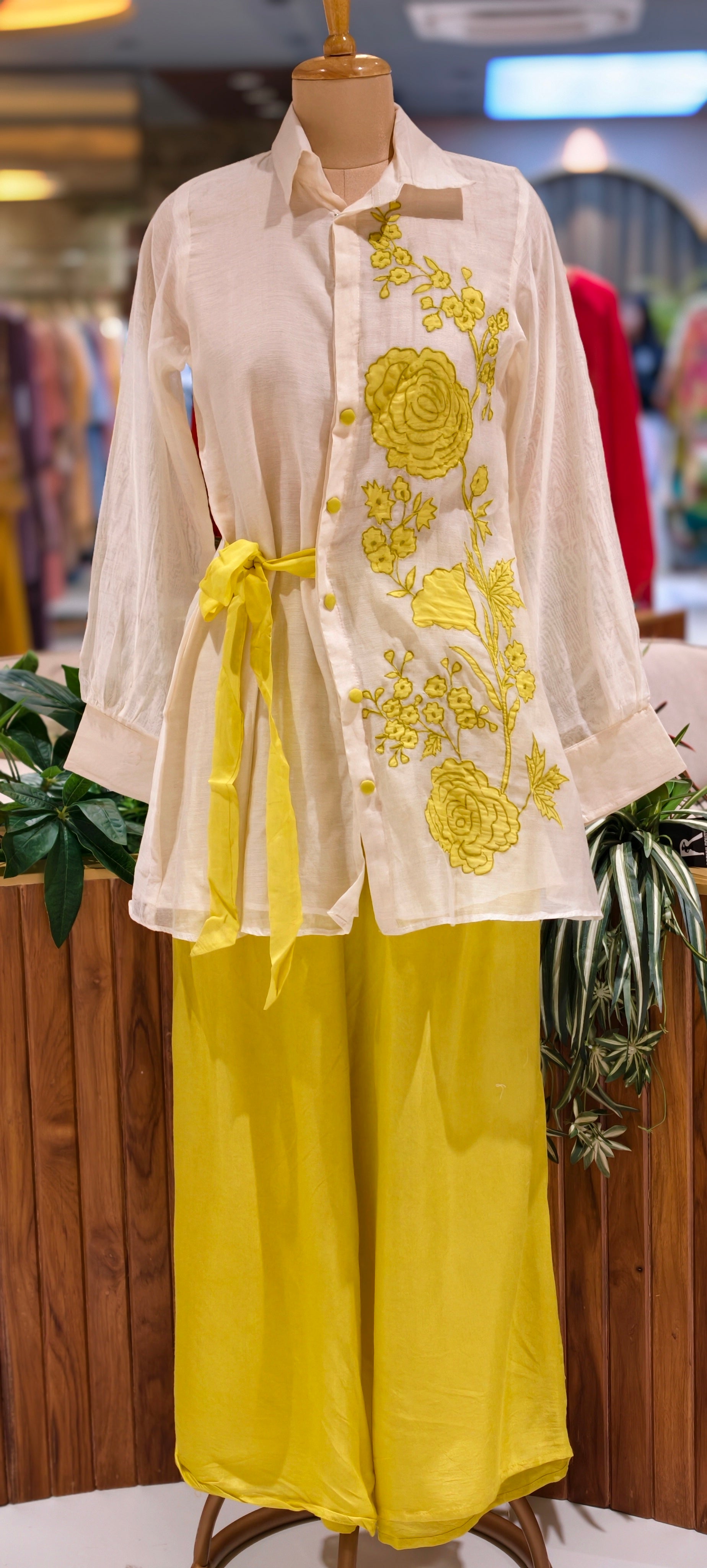 Elegant Chanderi Fabric Shirt Style Kurta Set with Yellow Floral Embroidery, Side Tie-Up Detail & Flowy Palazzo Pants-13958