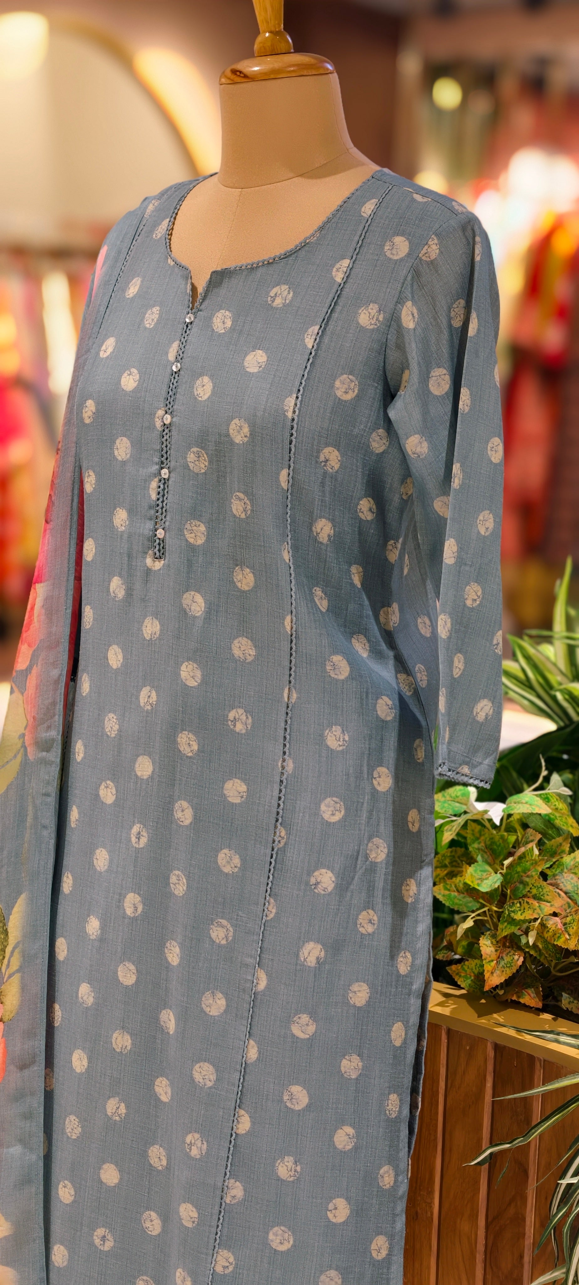 Premium Linen Printed Straight Kurta Set with Subtle Dot Motifs & Minimal Button Neck Detailing-13976, RB47