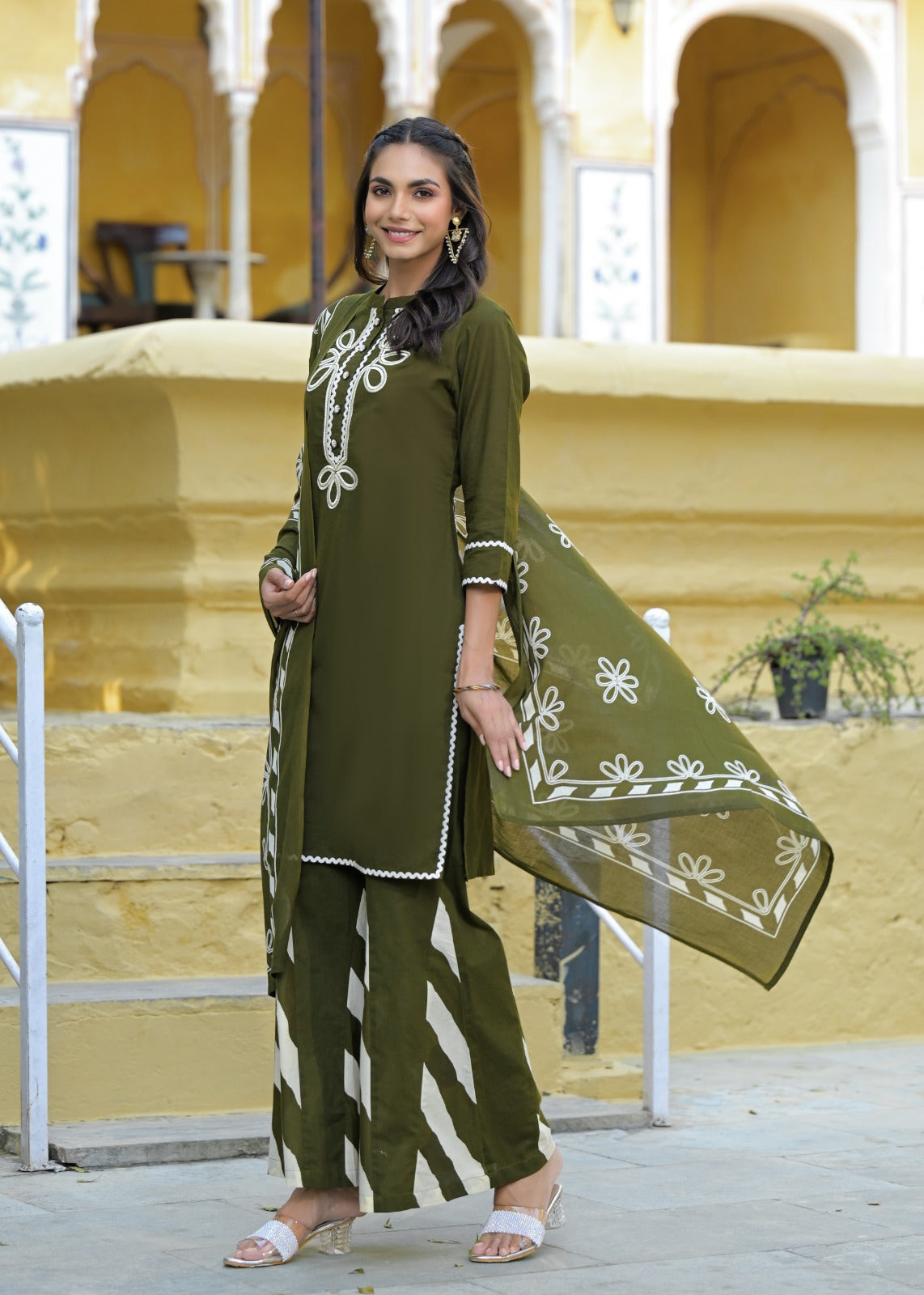 Summer Wear Embroidered Cotton Kurta With Taper Palazzo With Dupatta-12210,12211,12212,12209