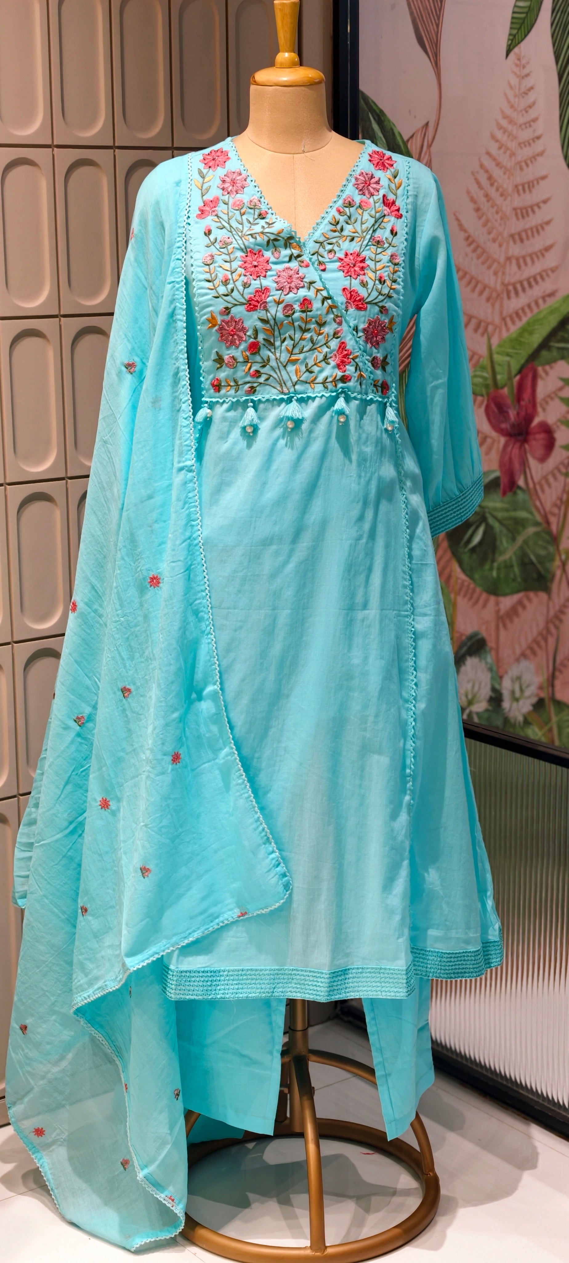 Mul Cotton A-Line Kurta Sets with Embroidered Yoke, Straight Pants and Dupatta-13881