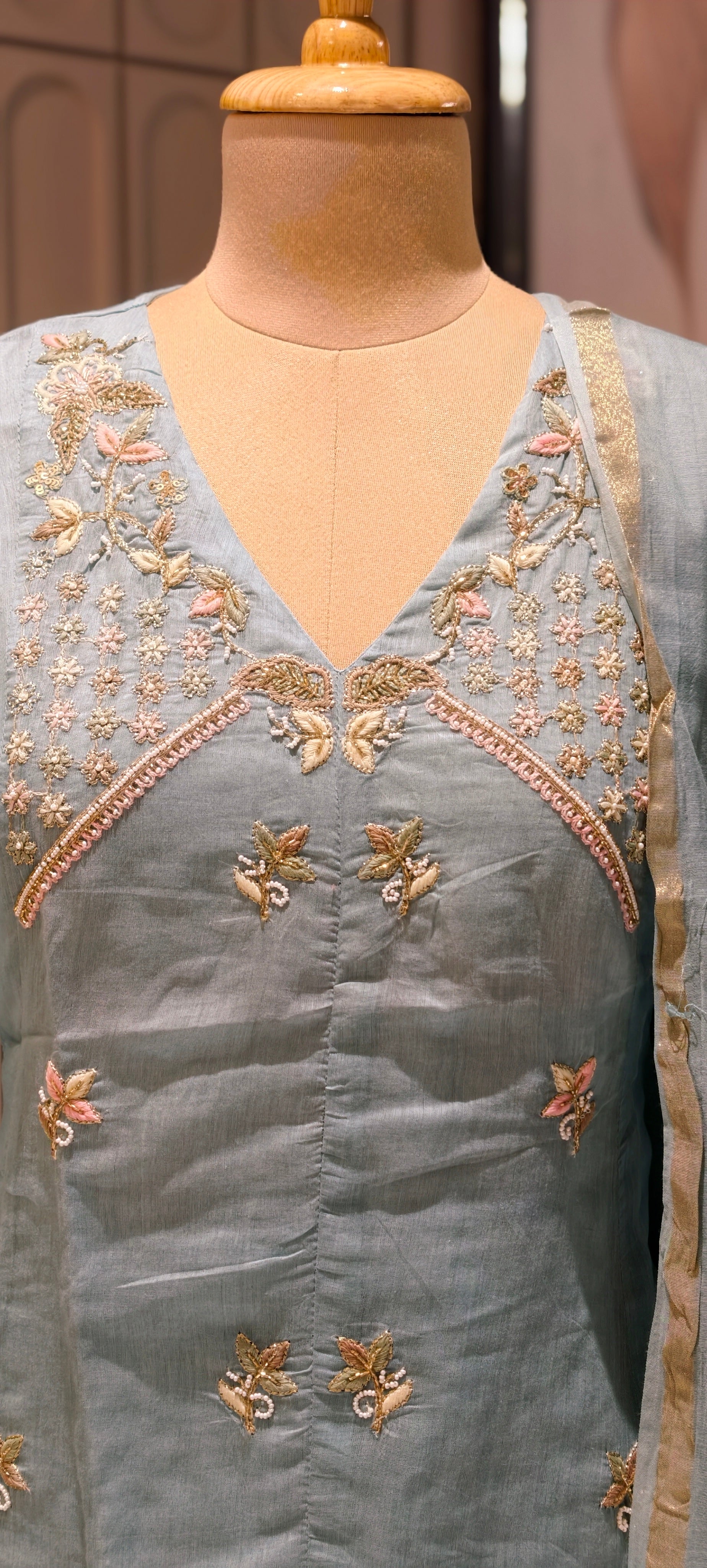 Royal Short Aline style Mulchanderi Embroidered Kurta Pant Set -13859