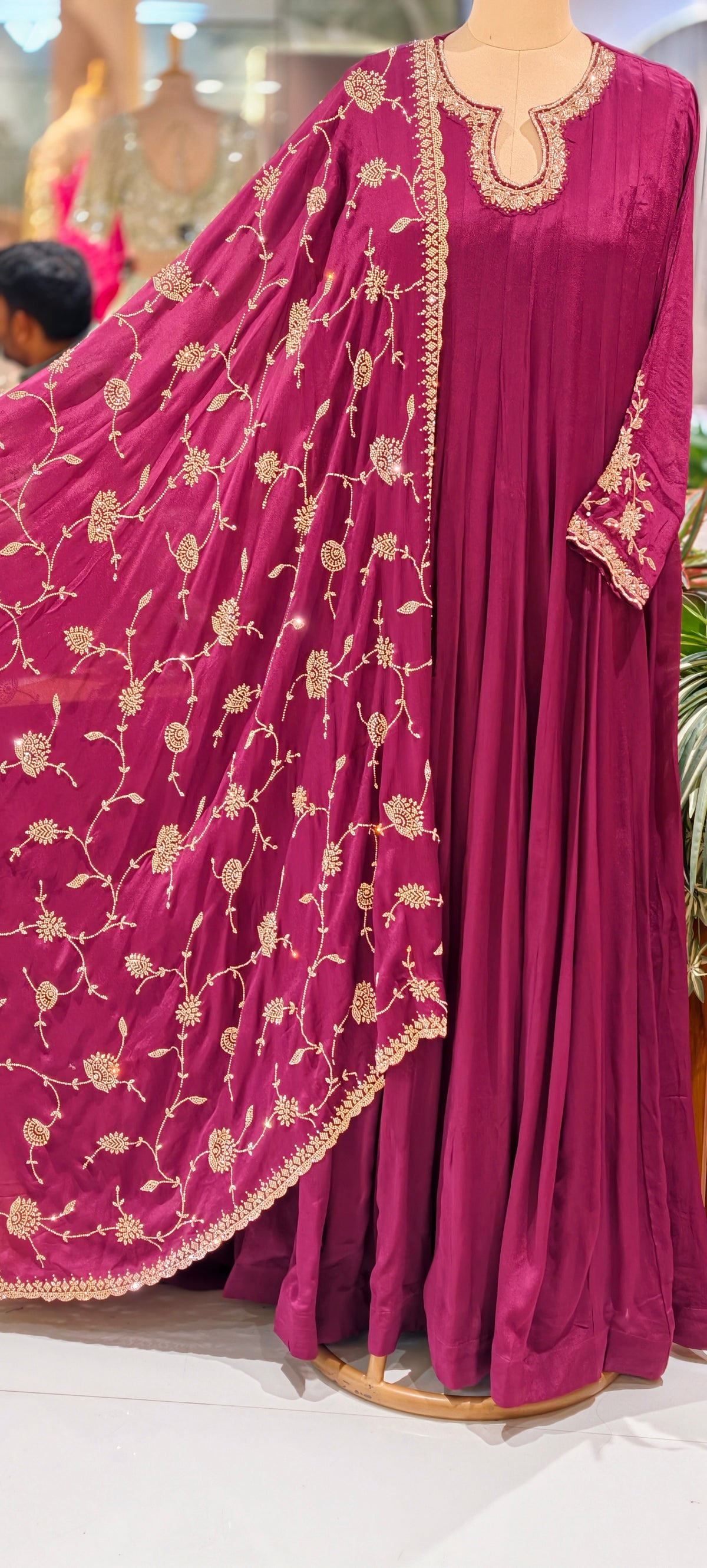 Chinon Anarkali Suit Floor Length with Heavy Golden Embroidered Dupatta, Intricate cutdana Work on Neck 16917