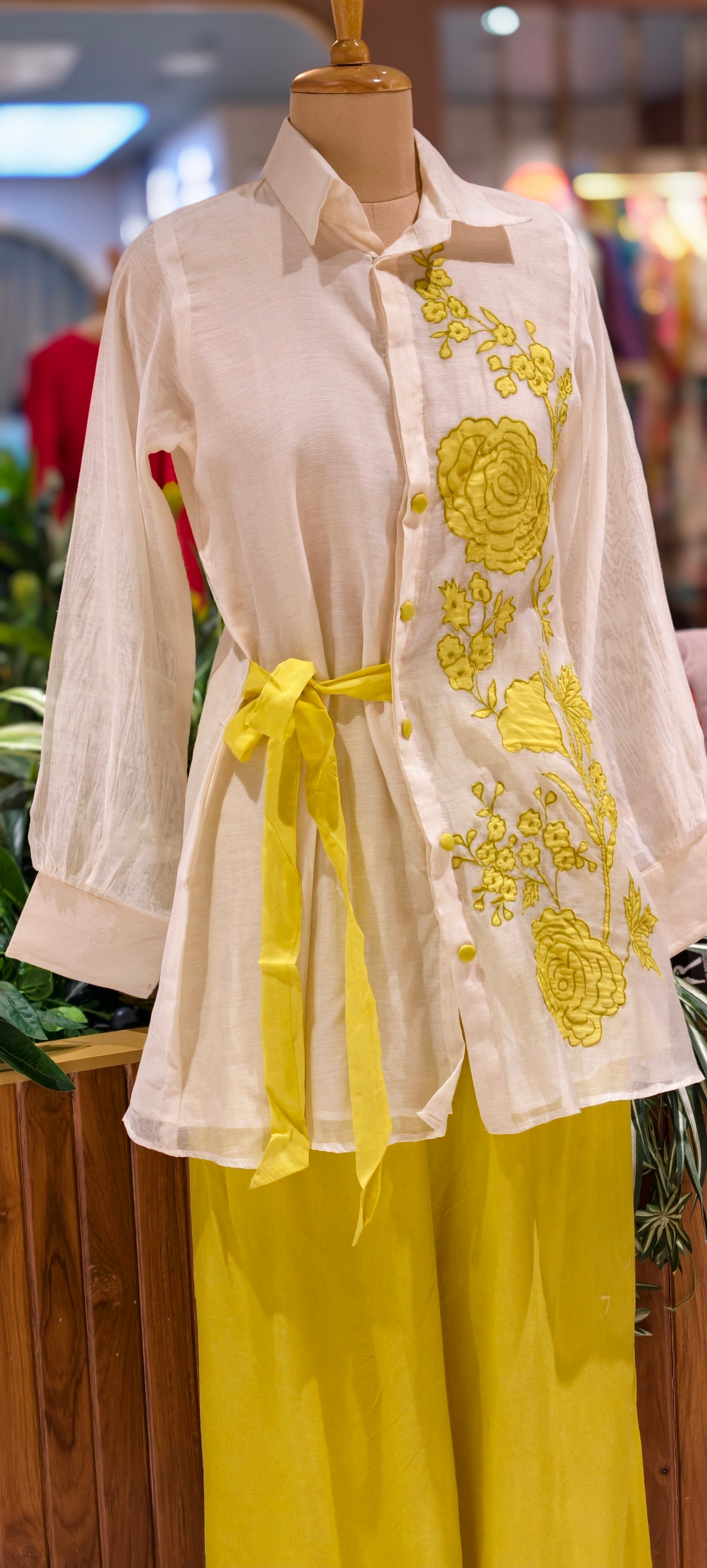 Elegant Chanderi Fabric Shirt Style Kurta Set with Yellow Floral Embroidery, Side Tie-Up Detail & Flowy Palazzo Pants-13958
