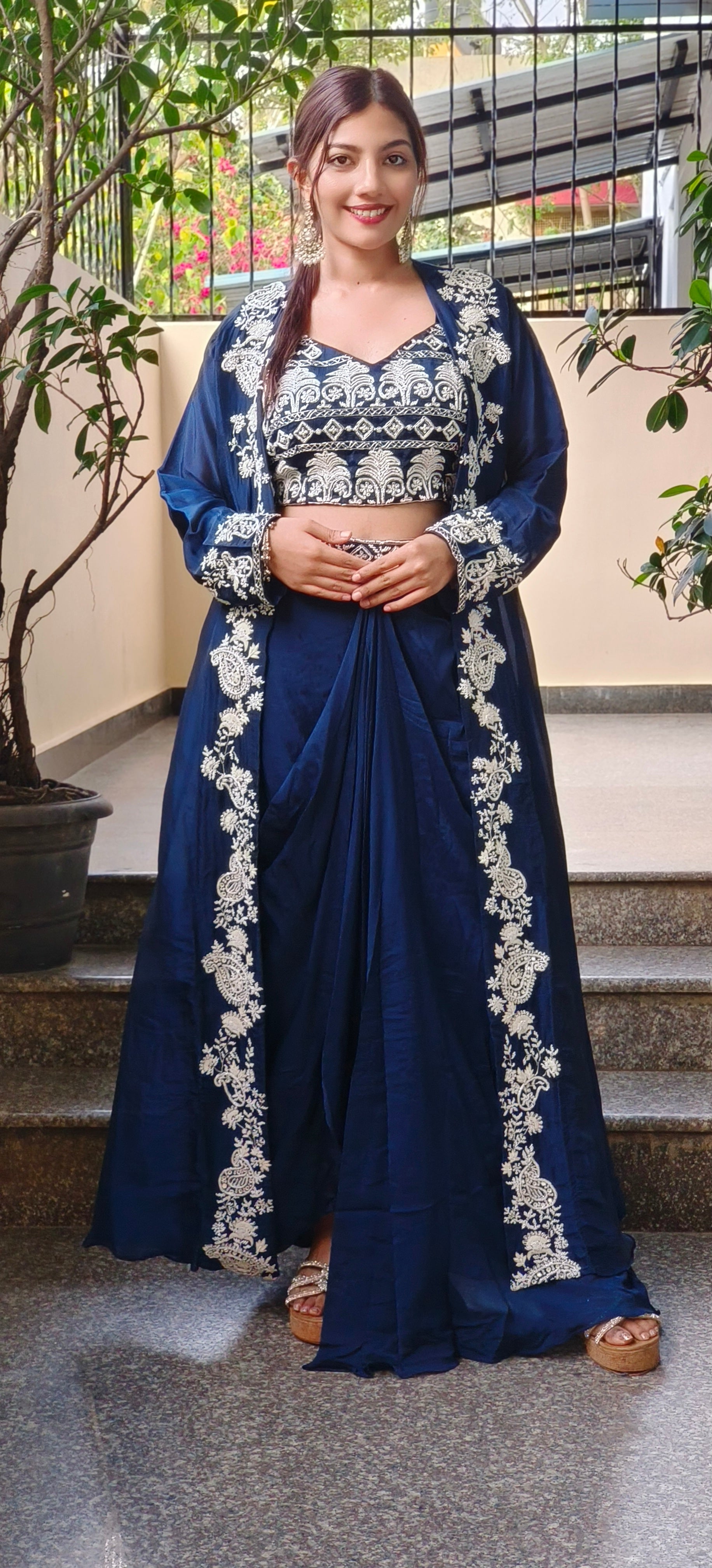 Designer Indo western croptop with skirt and organza shrug