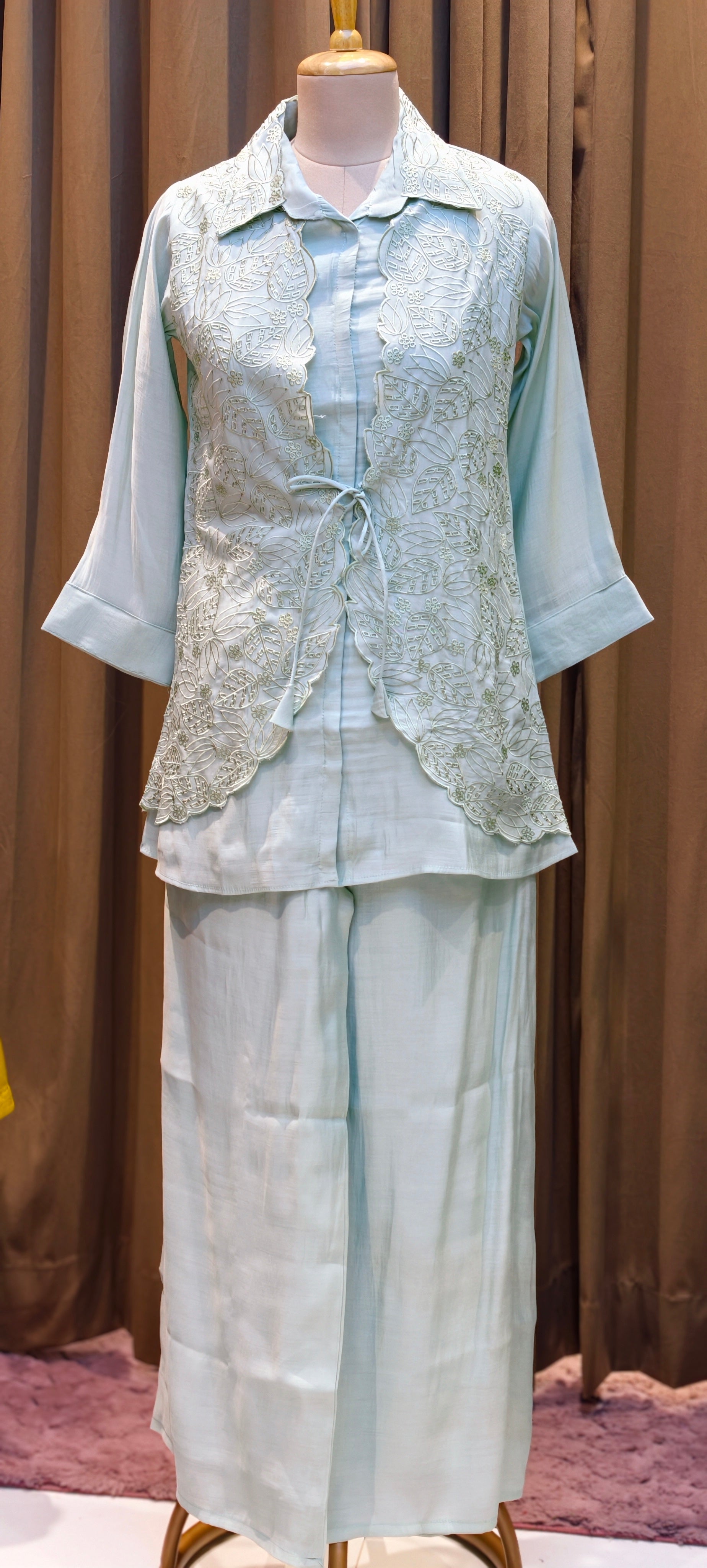 Pastel Surat Mul Chanderi Kurta Set with Statement Embroidered Attached Jacket-13904