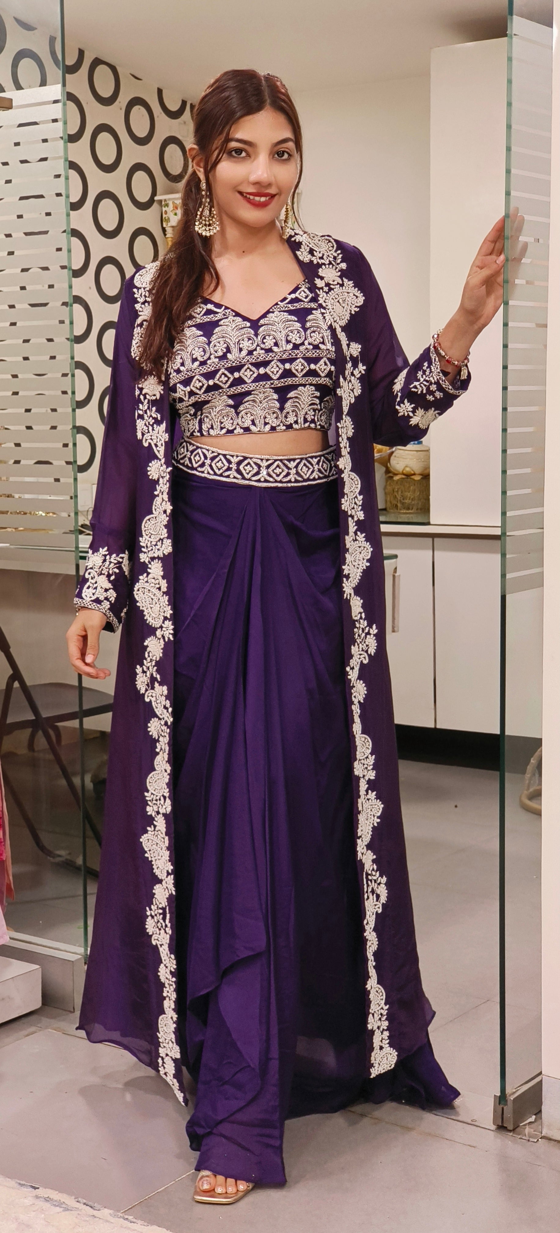 Designer Indo western croptop with skirt and organza shrug