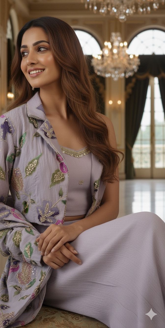 Very Stylish lilac Shade Embroidered Crop Top With Palazzo And short Jacket-12025