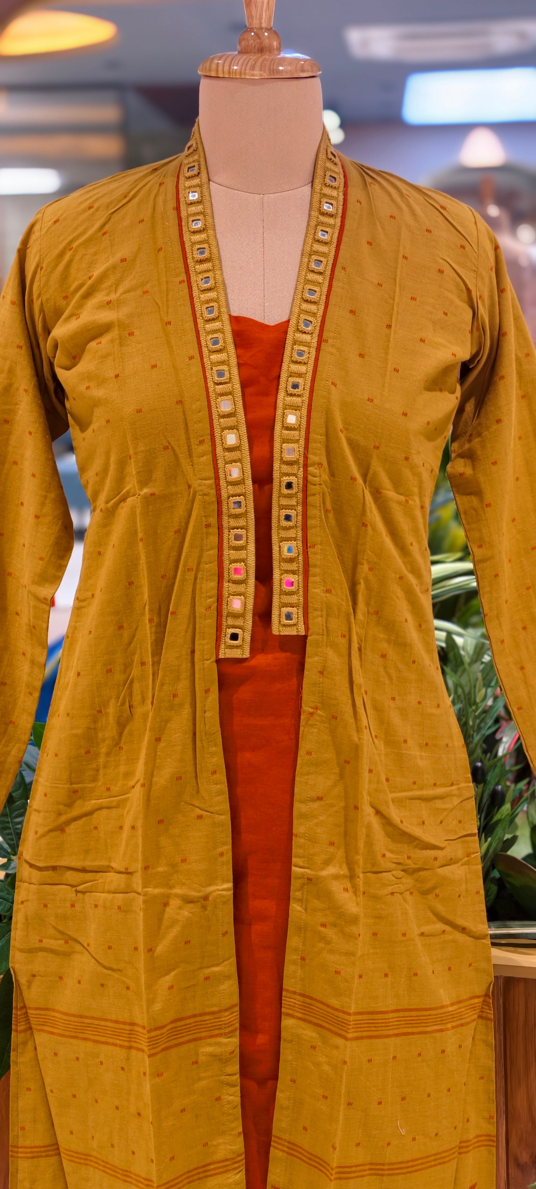 Elegant 3-Piece Layered Kurta Set with Inner, Pants & Embellished Shrug In Cotton Fabric-14193 RB178