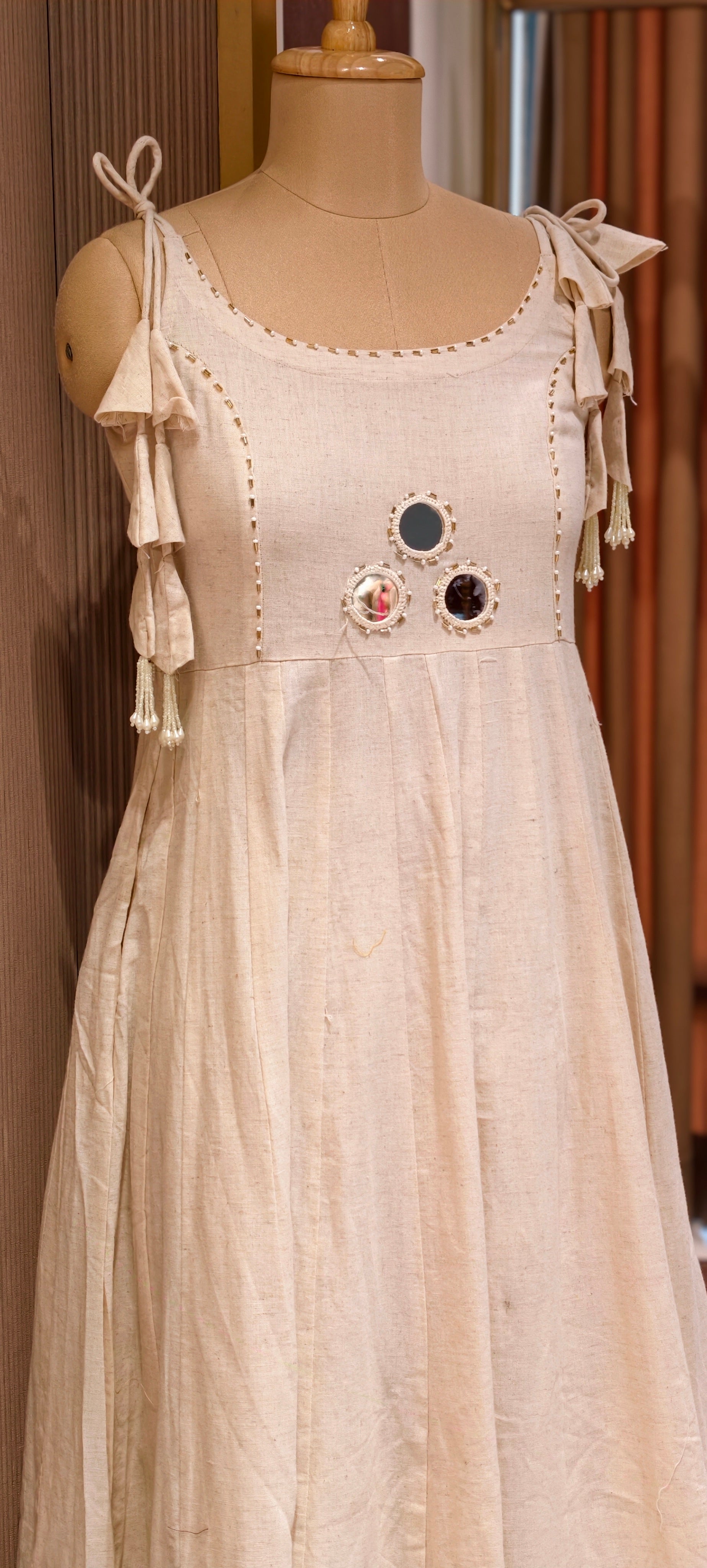 Elegant Handloom Cotton Noodle Strap Kurta Set with Mirror Detailing With Loose Pants-14185 RB170