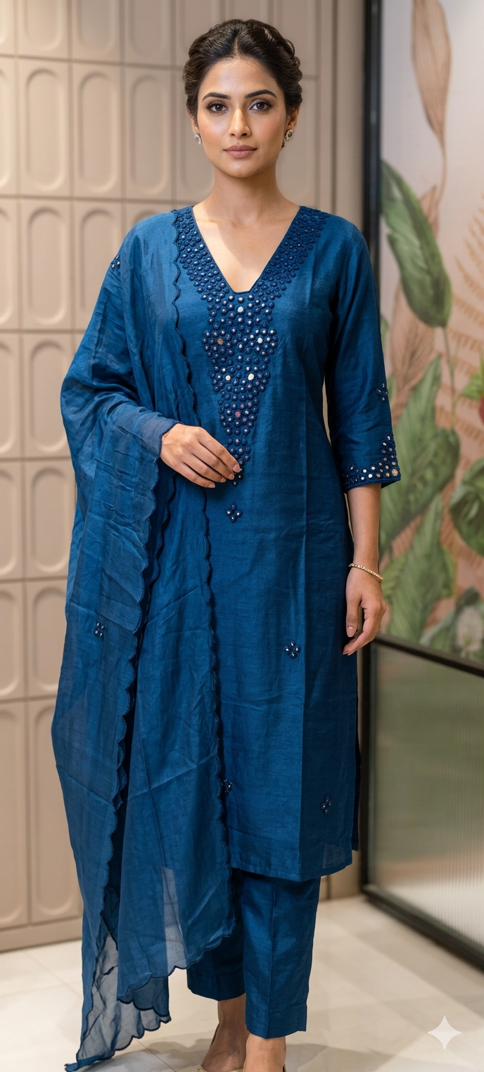 Royal Solid Shade  Dola Silk  Mirror Embroidered Aline Full Suit  Set 13807