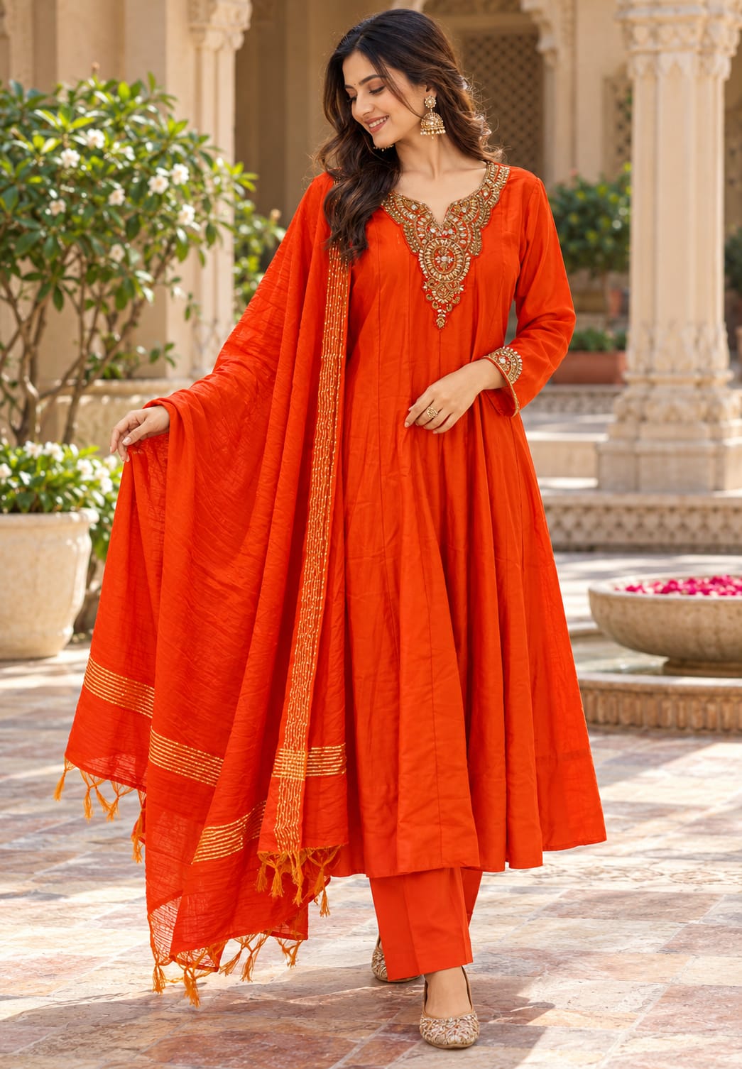 Elegant Noor Golden Embroidery Neckline Surat Mul-Chanderi Panel Anarkali Full Suit Set with Dupatta- 16920,16921