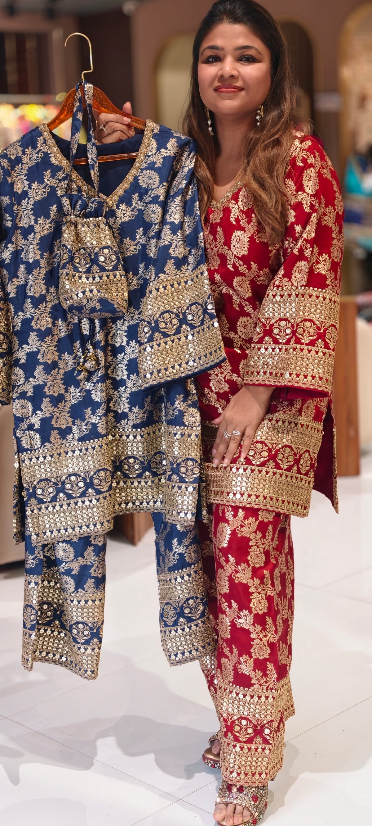Royal Gold Foil Floral Printed Brocade Kurta Set with Heavily Embroidered Borders, Wide-Leg Palazzo Pants & Matching Potli Bag- 16868