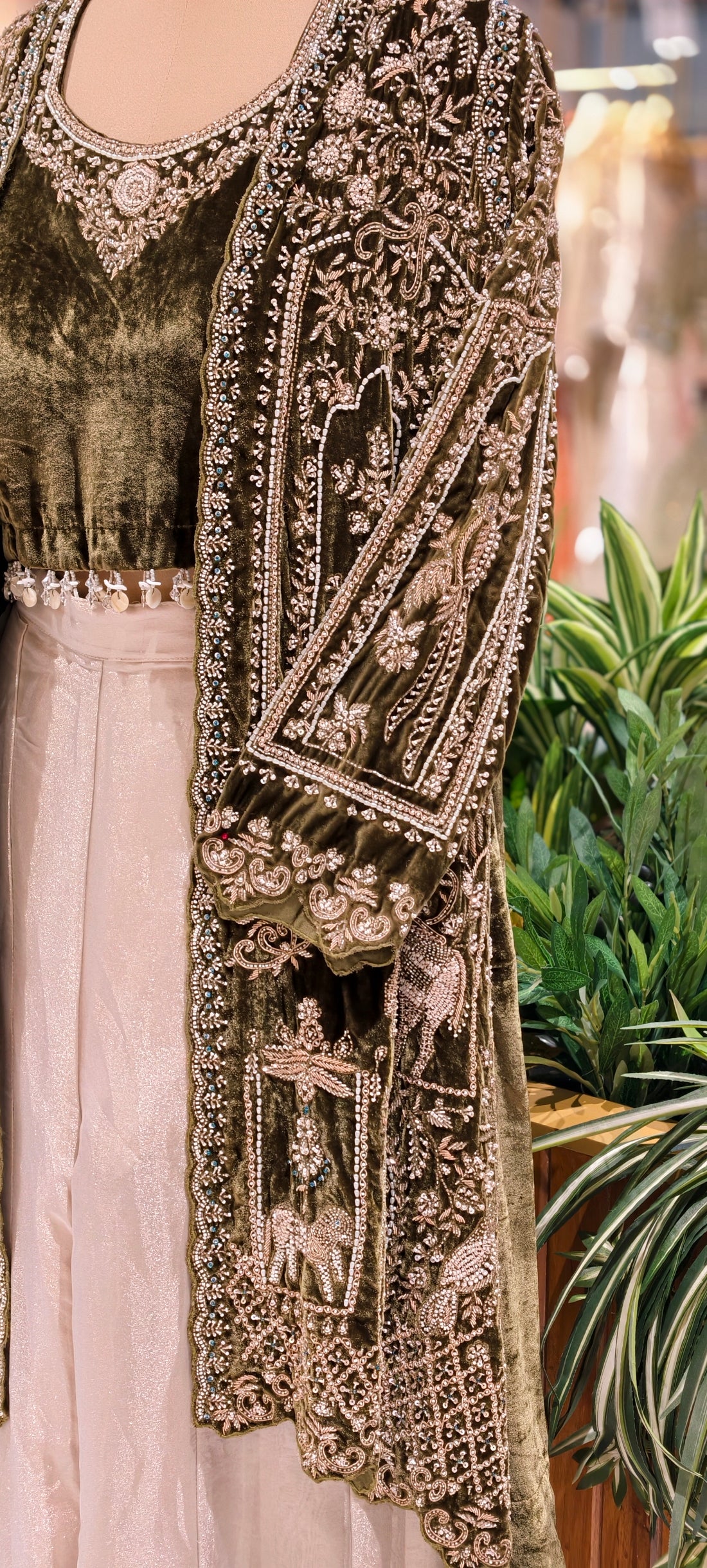 Luxury Olive Green Velvet Shrug with Embroidered Crop Top & Shimmering Tissue Palazzo Set 16913