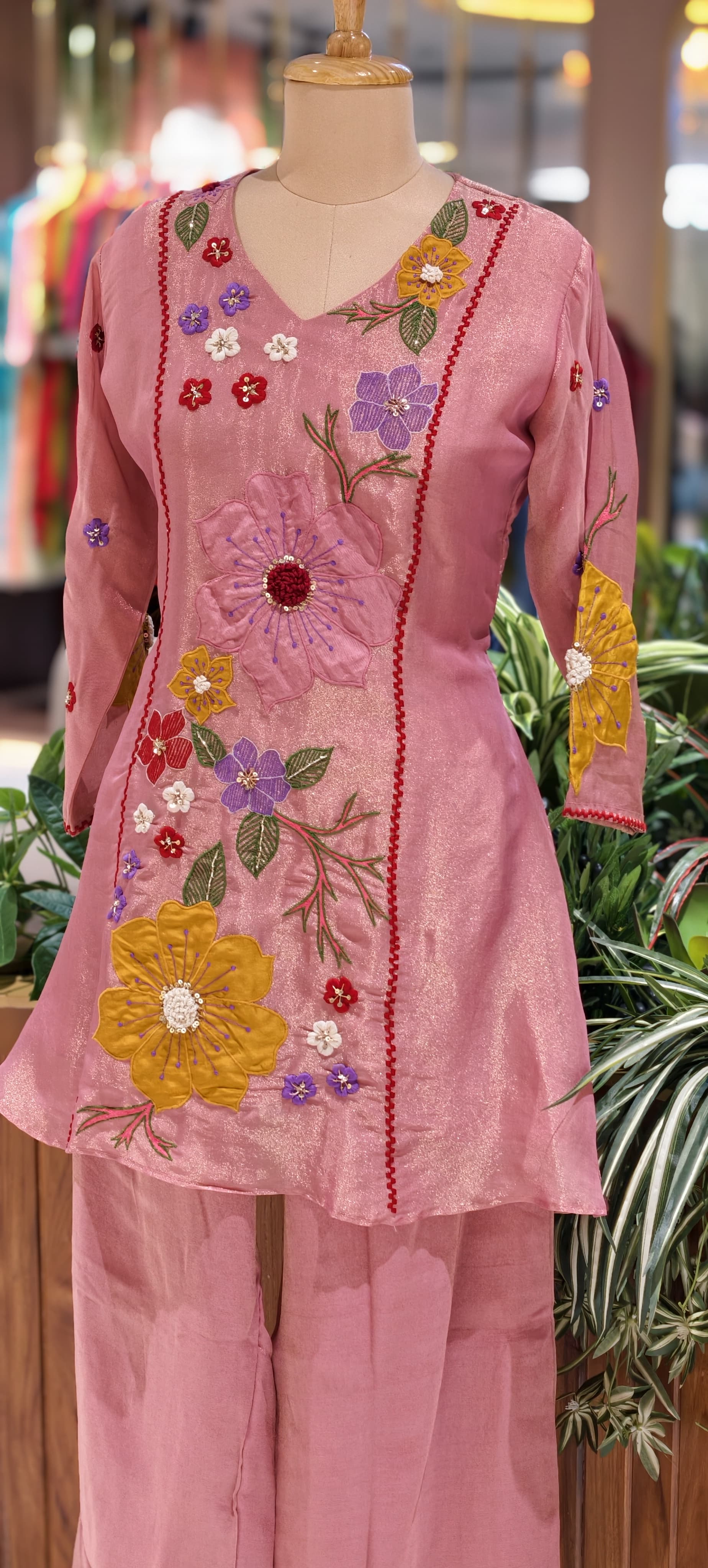 Luxury Shimmer Tissue Hand Embroidered Kurta with Palazzo Set-13812