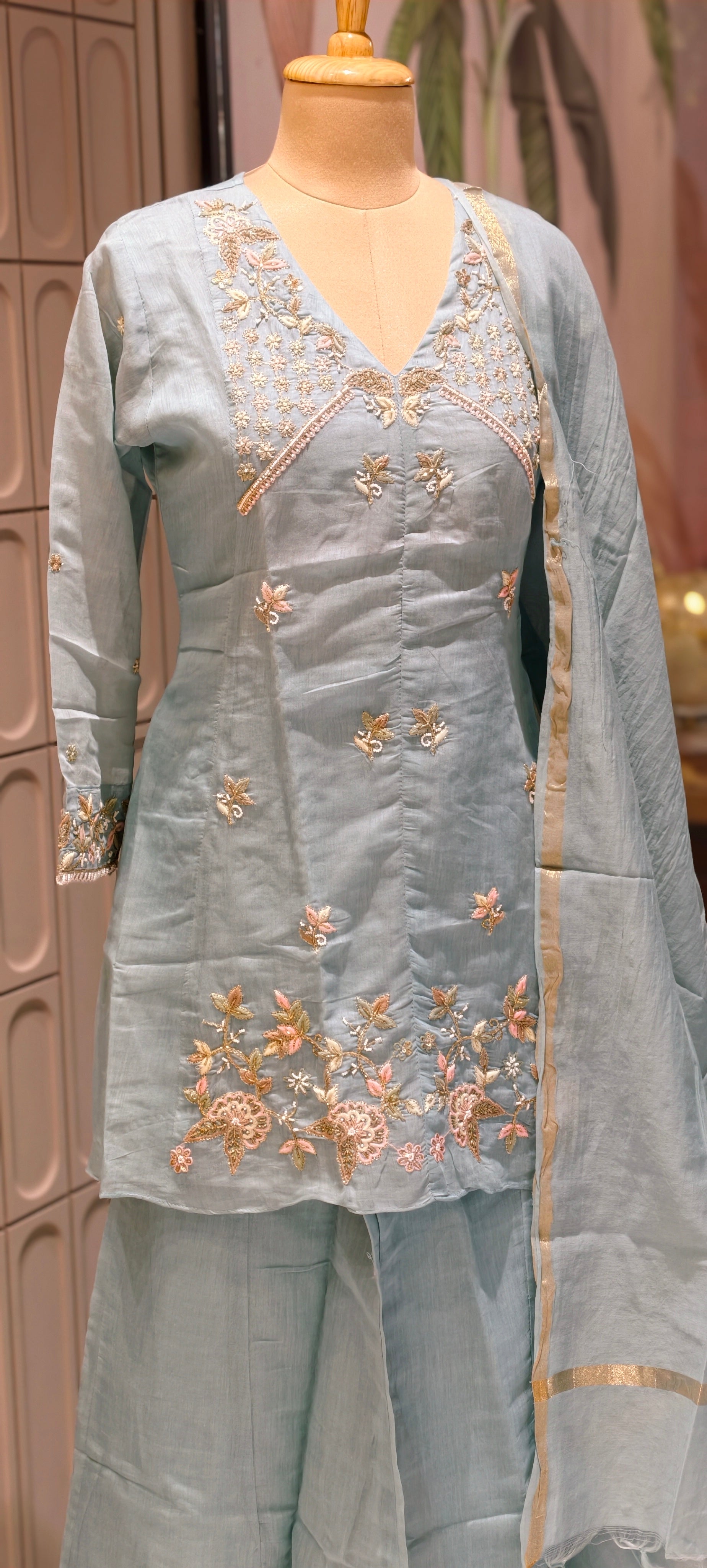 Royal Short Aline style Mulchanderi Embroidered Kurta Pant Set -13859