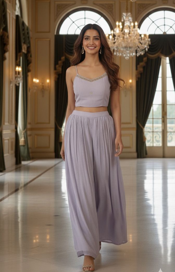 Very Stylish lilac Shade Embroidered Crop Top With Palazzo And short Jacket-12025