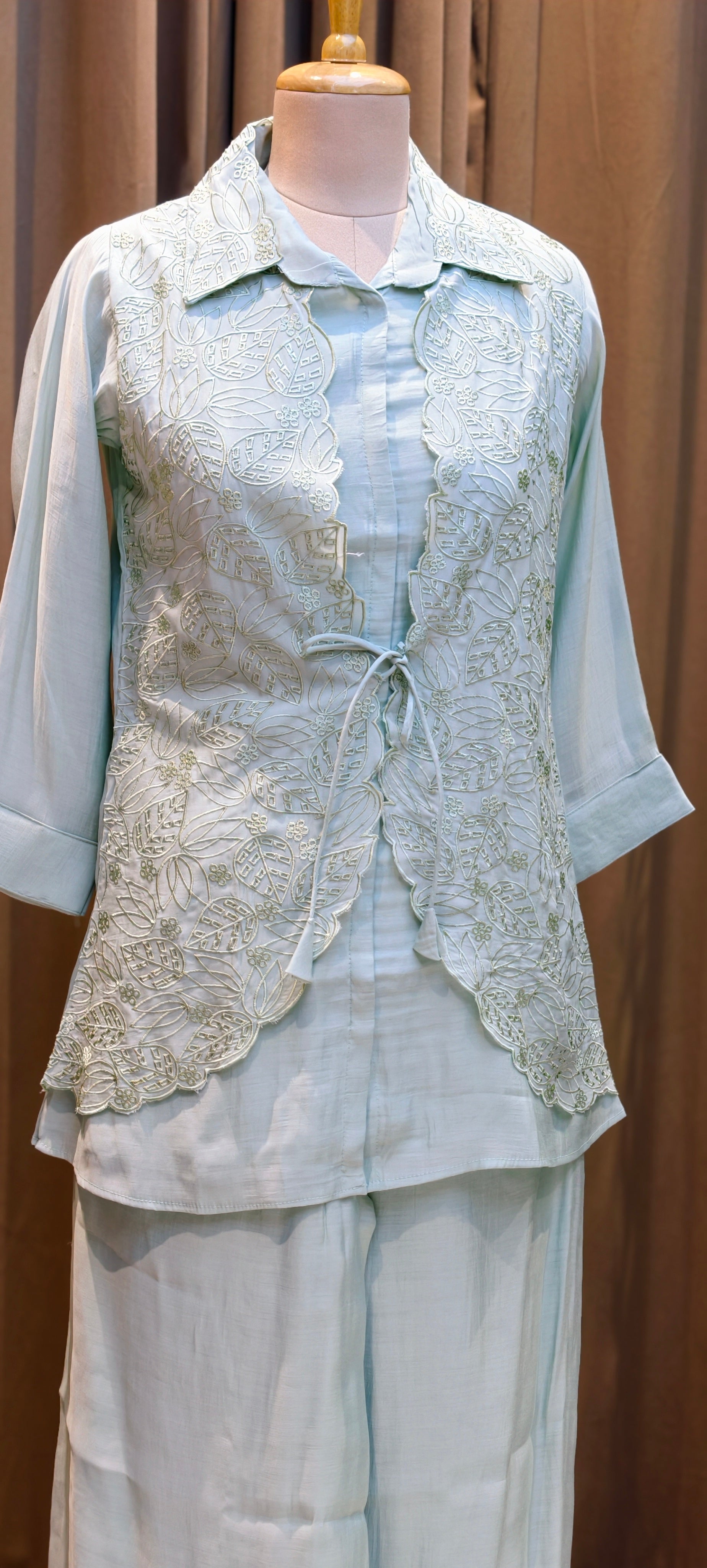 Pastel Surat Mul Chanderi Kurta Set with Statement Embroidered Attached Jacket-13904