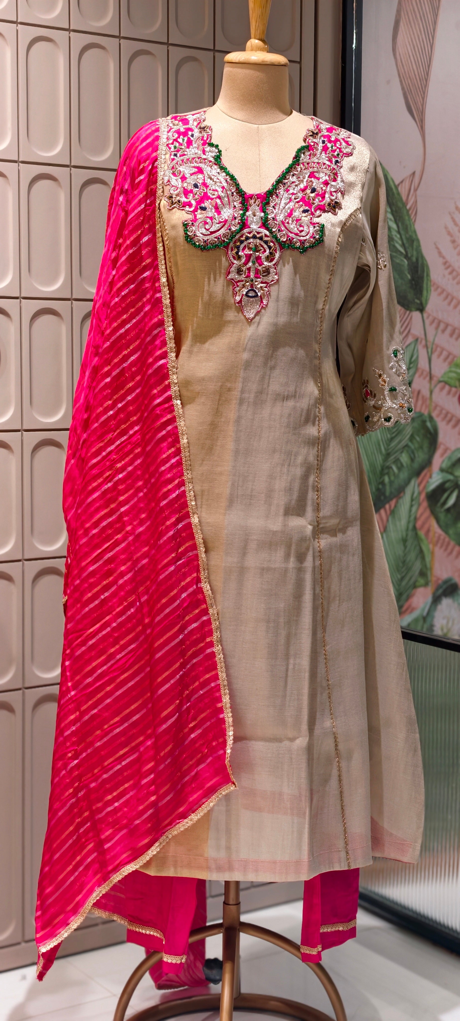 Luxury Designer Tissue Kurta Set with Hand Embellished Zari & Stone Work Neckline and Contrast  Dupatta-13809