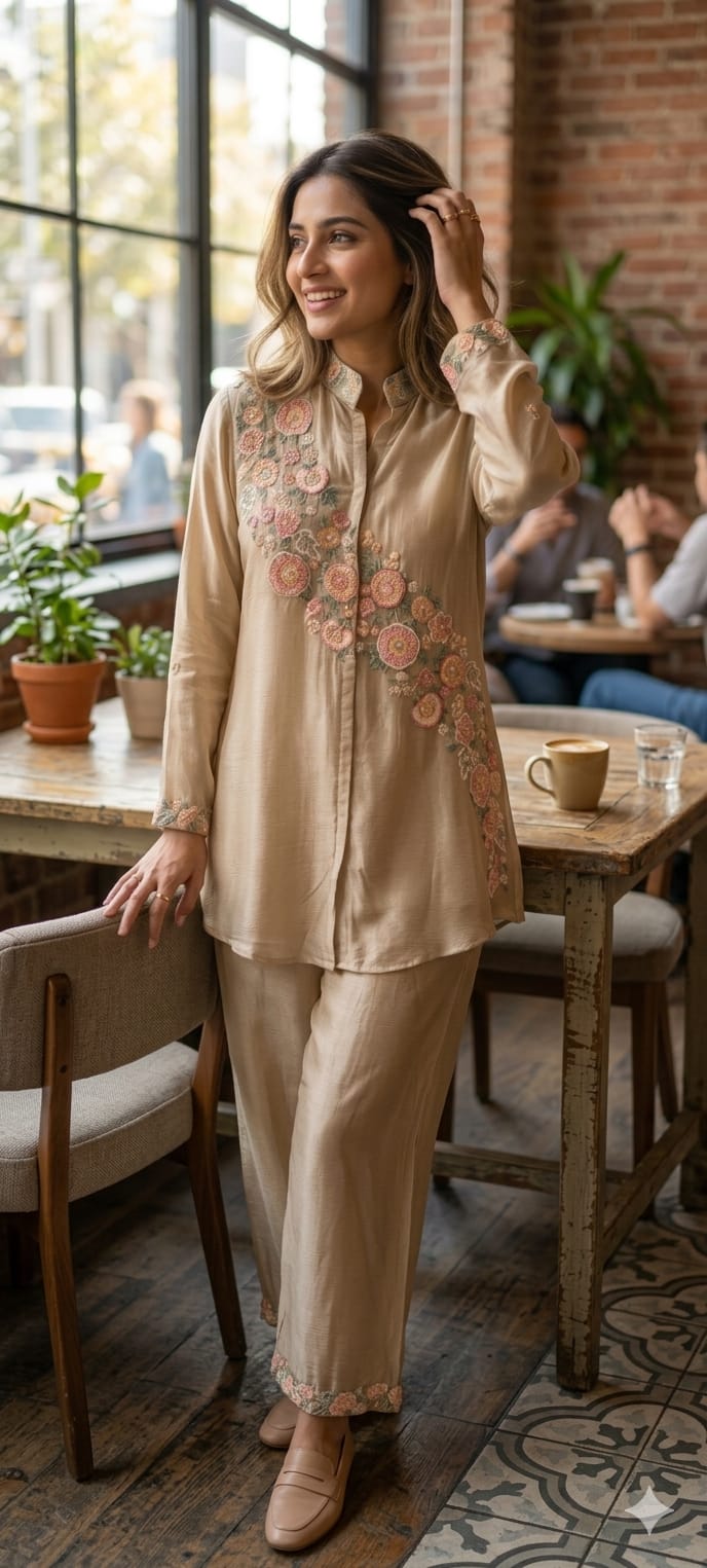 Elegant Beige Chinon Co-Ord Set with Intricate Floral Embroidery 14073 RB67