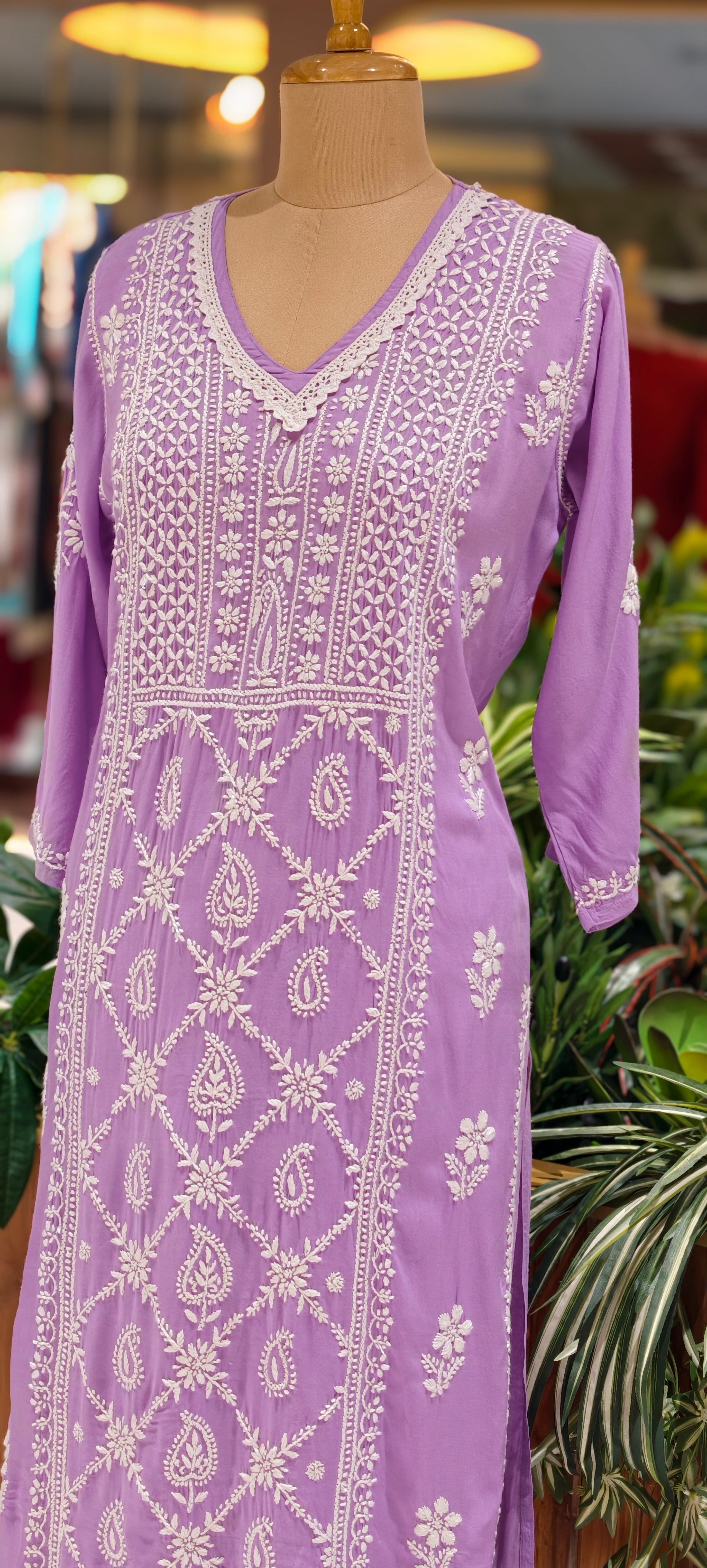 Beautiful Muslin Fabric without Lining  Lucknowi style kurta pant set with Intricate White Thread Embroidery -13947