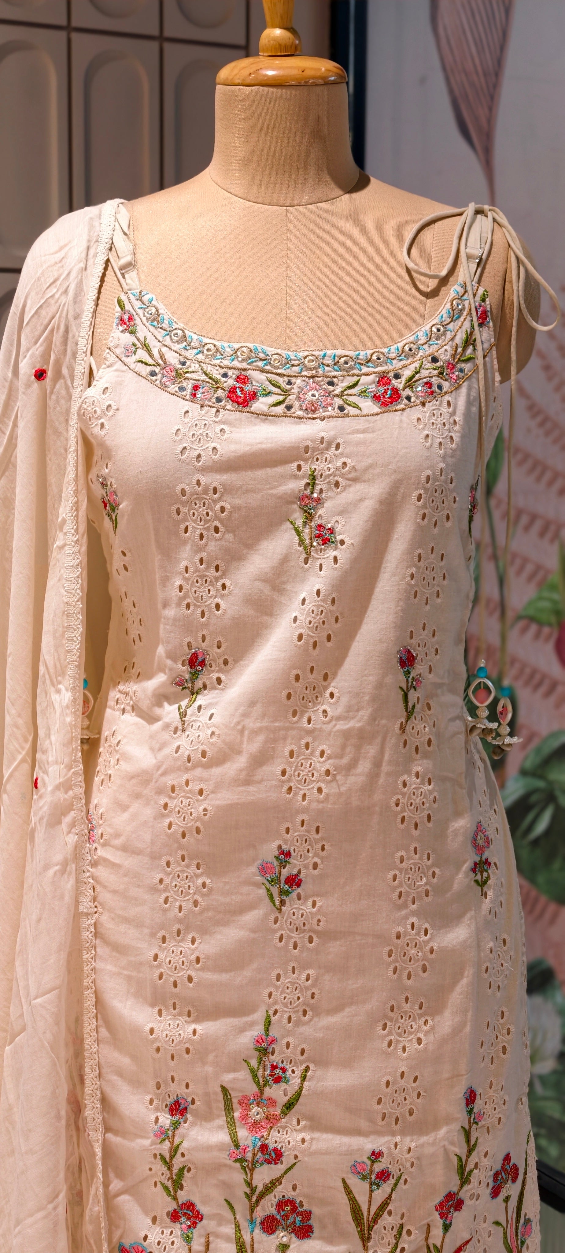 Elegant Sleeveless Noodle Strap Kurti with Skirt Set – Floral Embroidered Designer Suit 13959 RB14