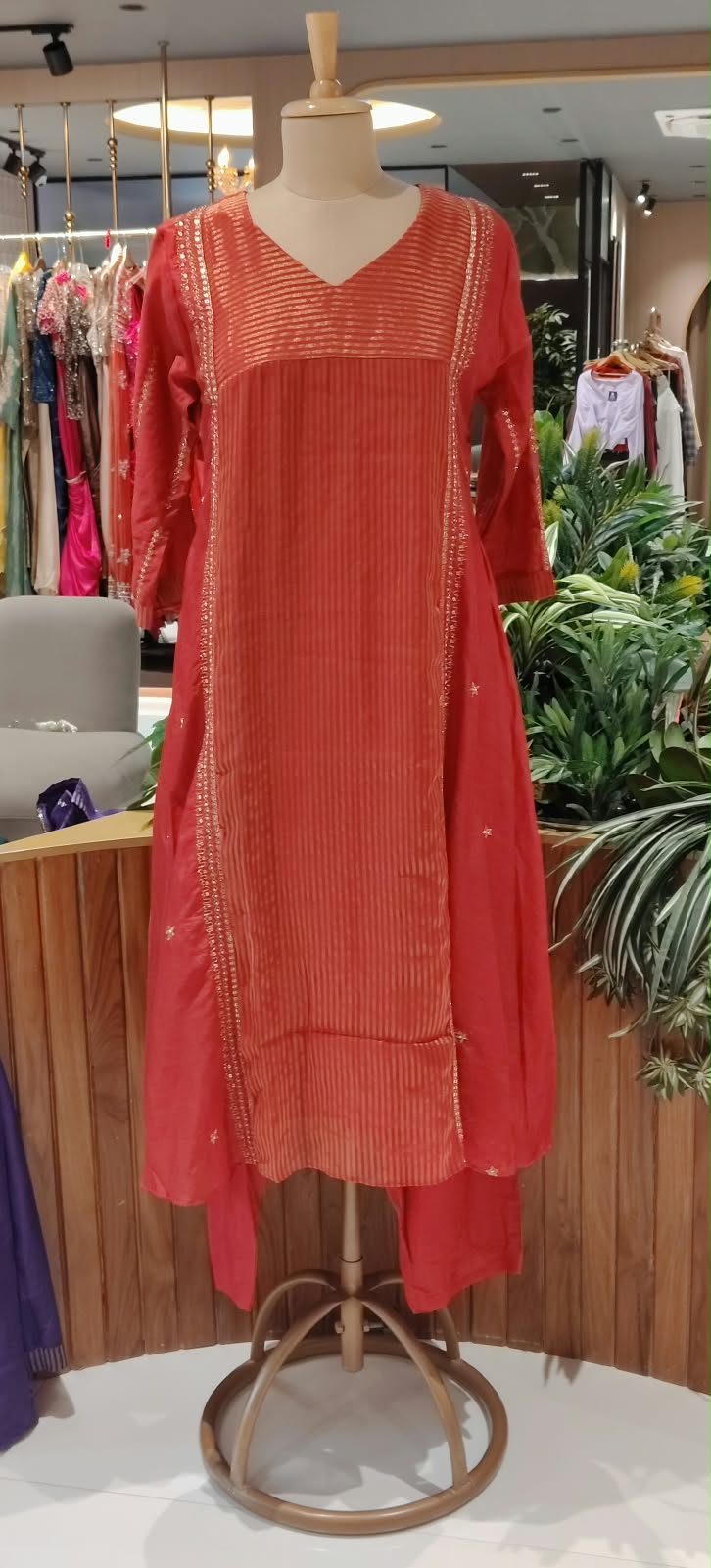 Golden Stripes Intricate Sequin Embroidery Banarasi Mul Chanderi A-Line Full Suit Set With Matching Dupatta- 16339