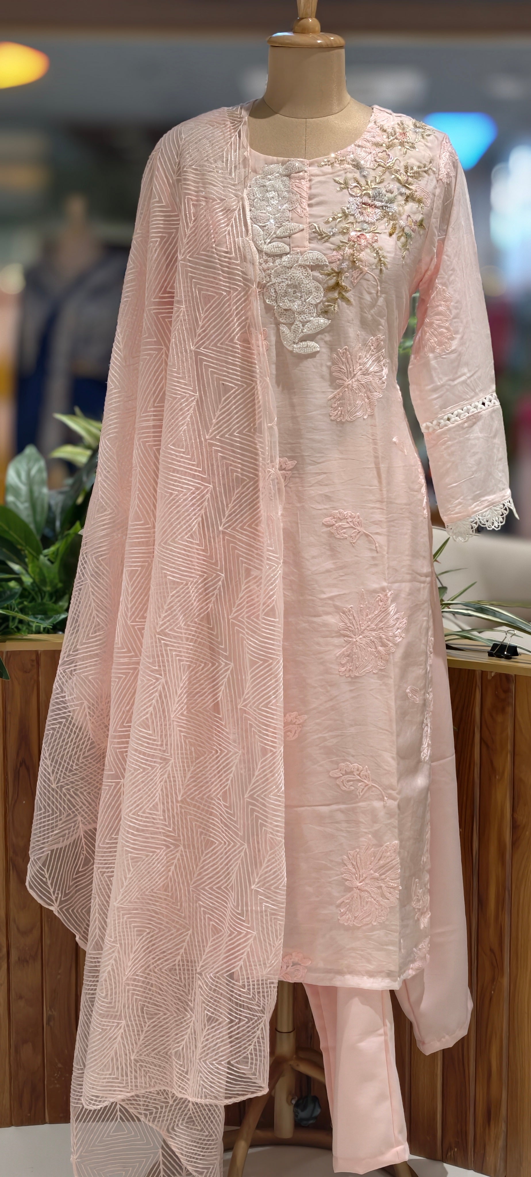 Soft Sheer Scalloped Lace Borders Pastel Embroidered Full Suit Set With Dupatta In Organza Fabric- 13688