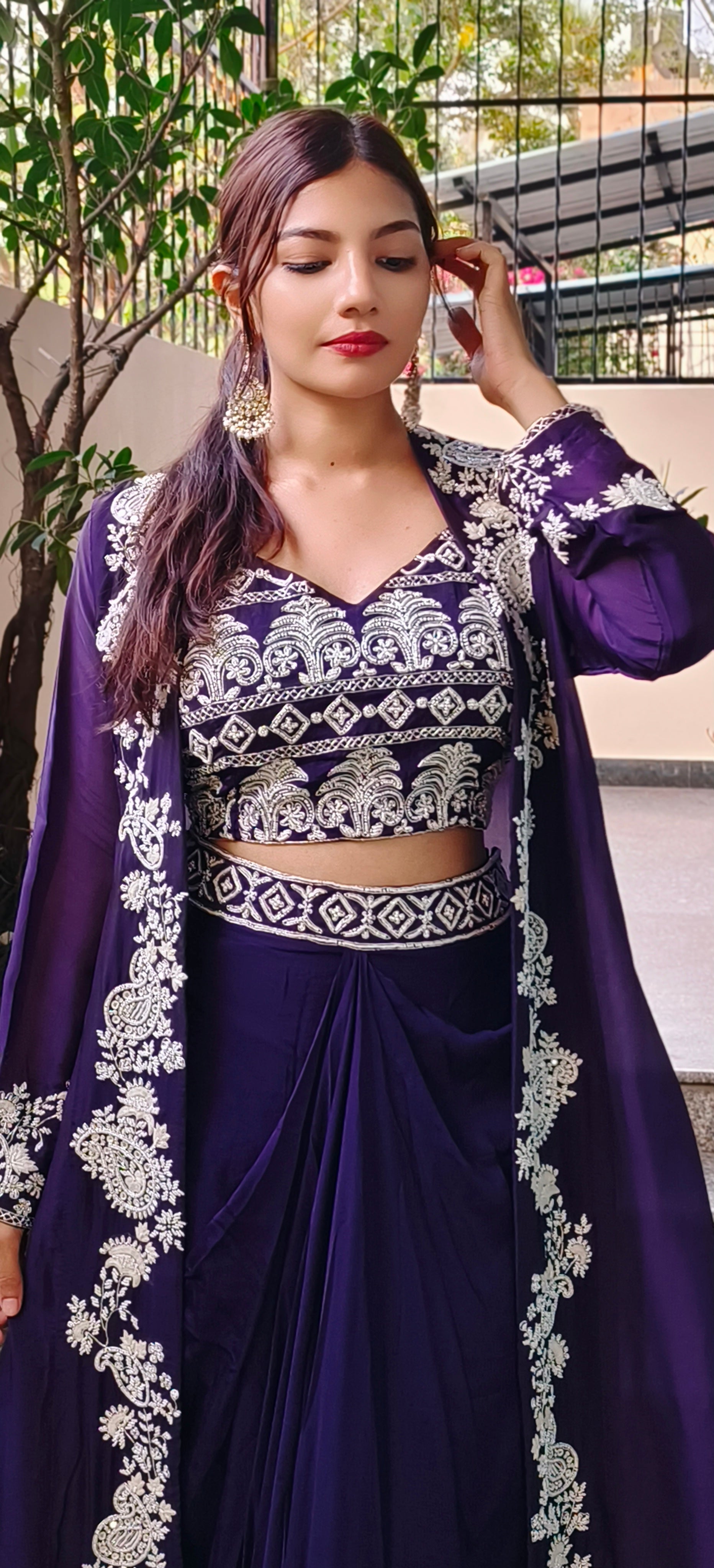 Designer Indo western croptop with skirt and organza shrug