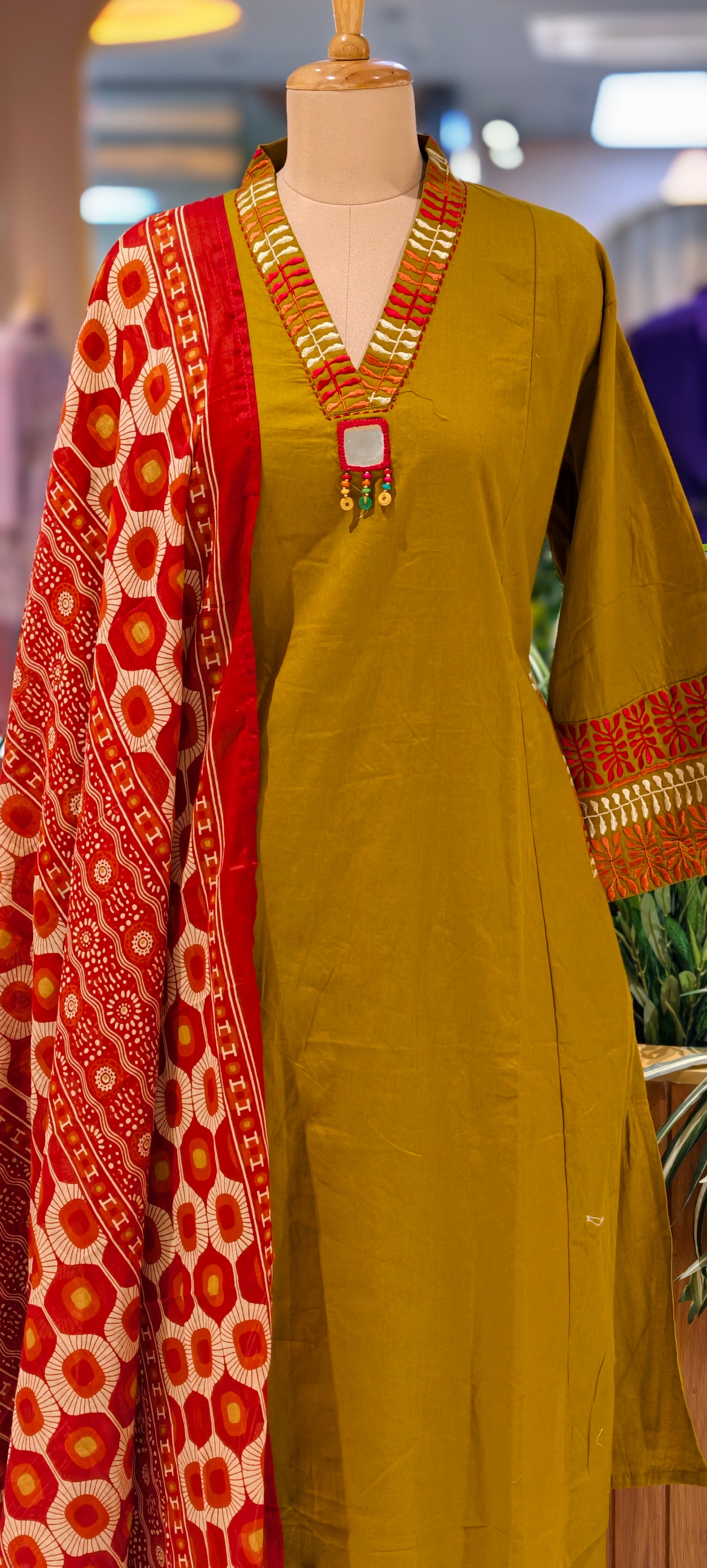 Premium Cotton Ethnic Suit Set with Ajrakh Printed Dupatta & Statement Neck Detailing 13915 RB38