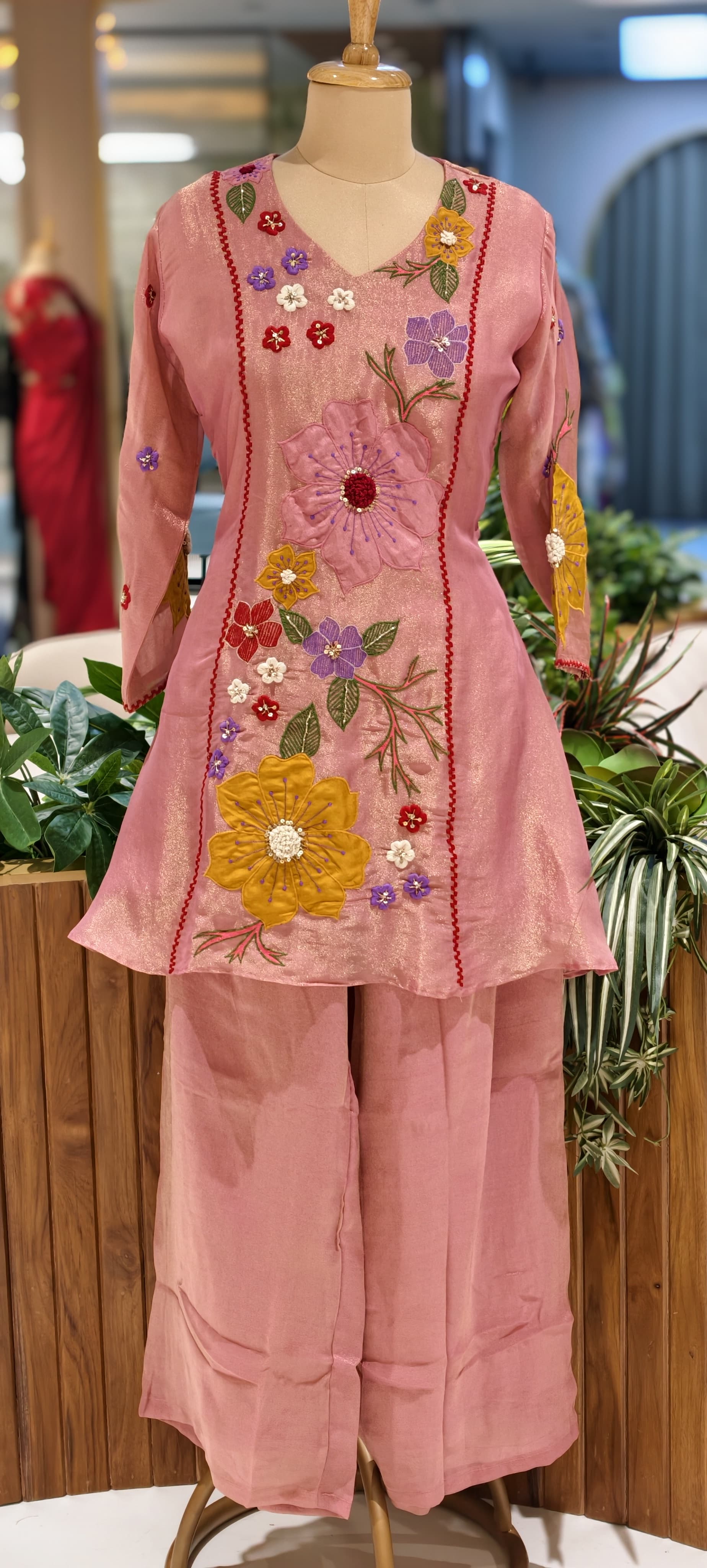 Luxury Shimmer Tissue Hand Embroidered Kurta with Palazzo Set-13812