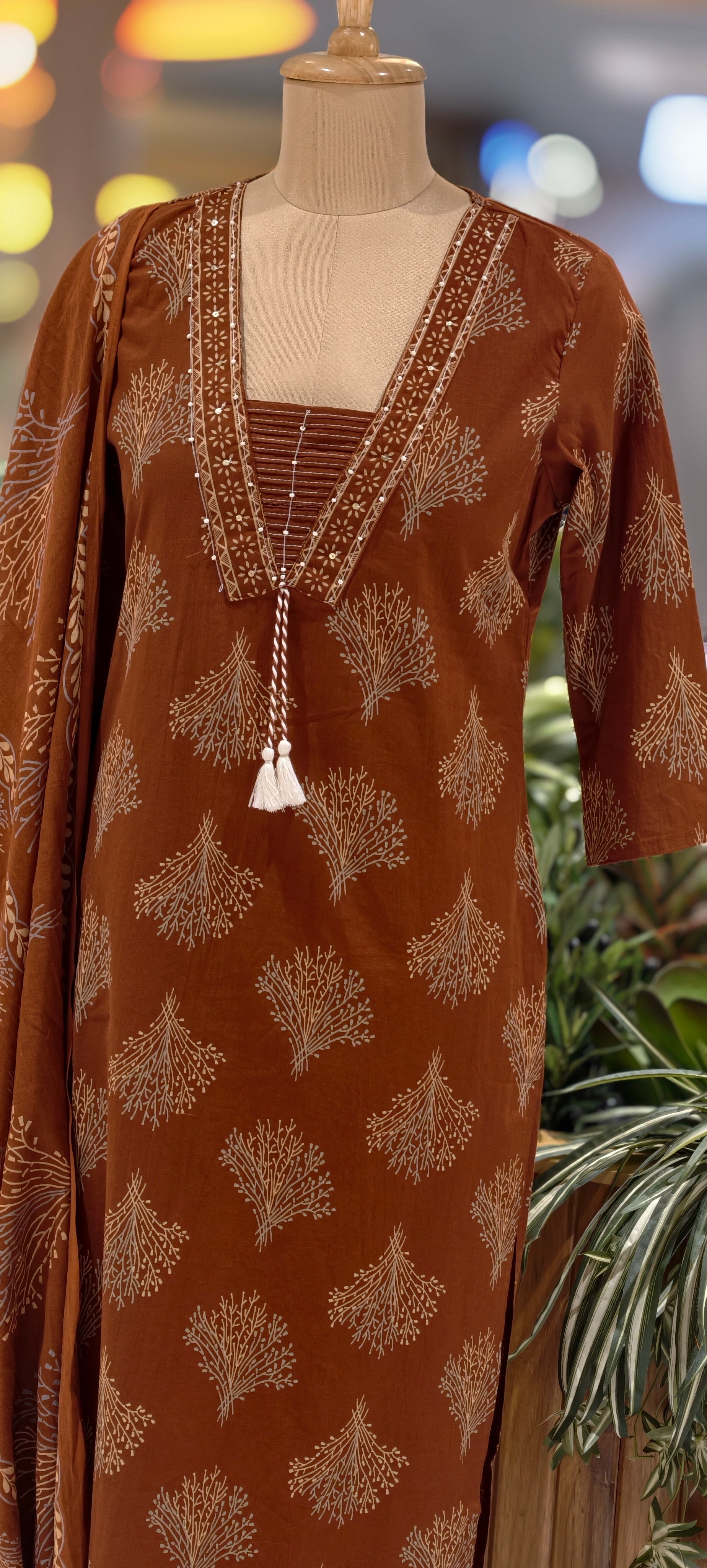 Cotton Elegant Hand block Print Kurta Set with Intricate Border Detailing & Tassel Tie-Up Neck Full Suit Set