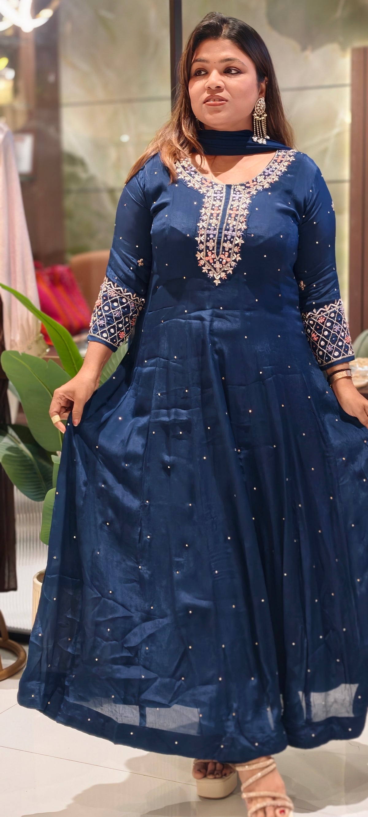 Royal Vibrant Shade Intricate Embroidered Neckline Scattered Stone Chinon Panel Anarkali Full Suit Set With Dupatta- 16328