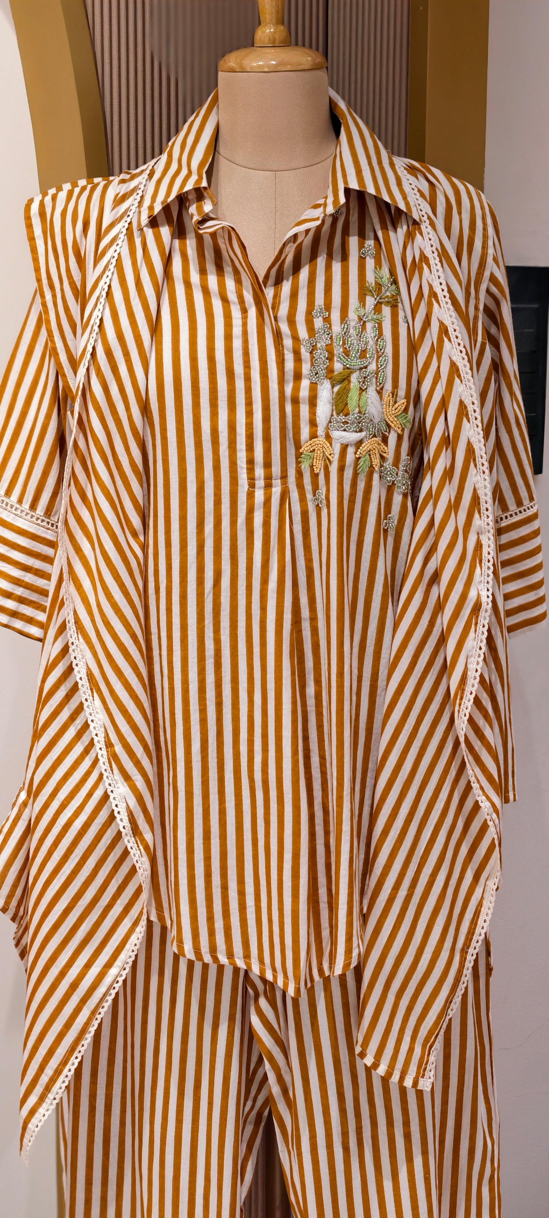Mustard Striped Cotton Co-Ord Set with Embroidered Shirt with hi low shrug & Straight Pants-13863