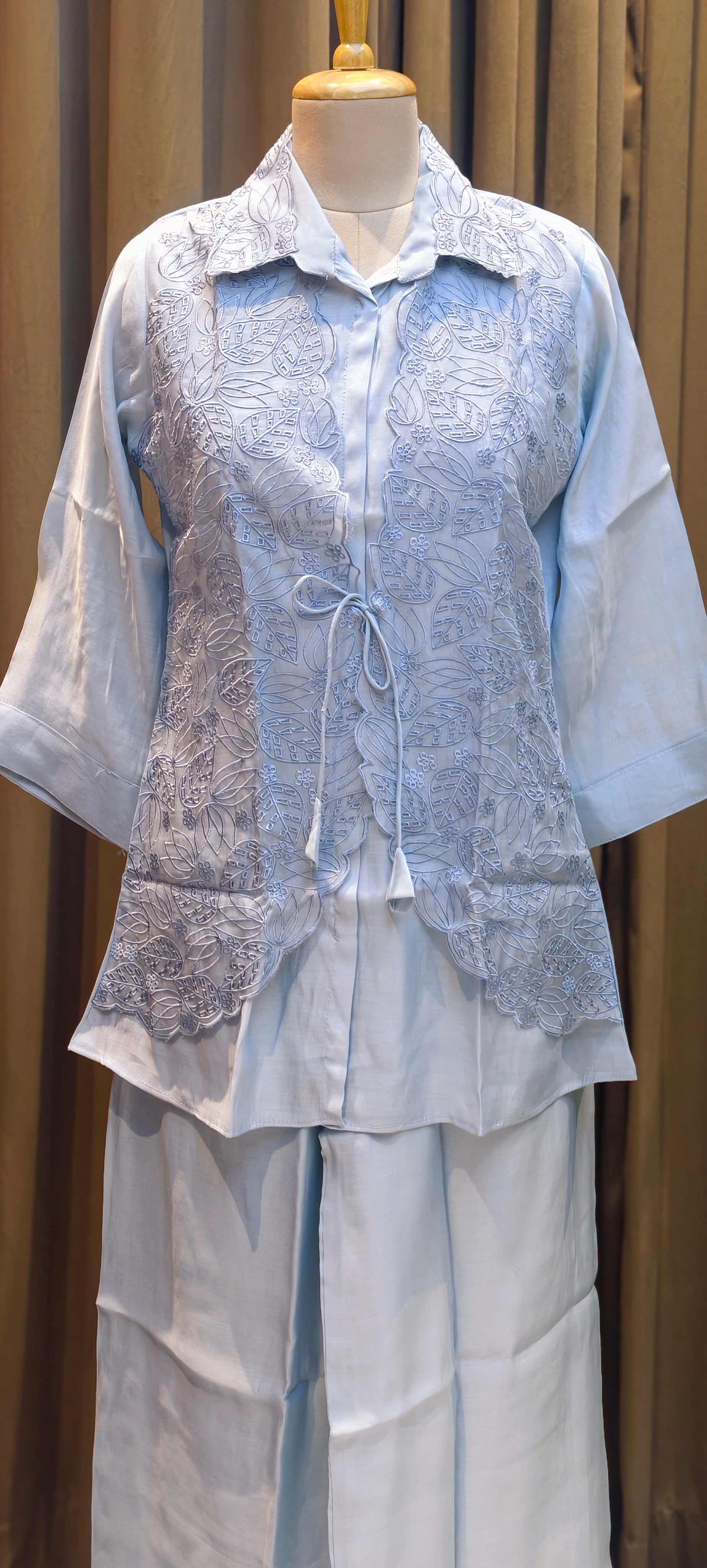 Pastel Surat Mul Chanderi Kurta Set with Statement Embroidered Attached Jacket-13904