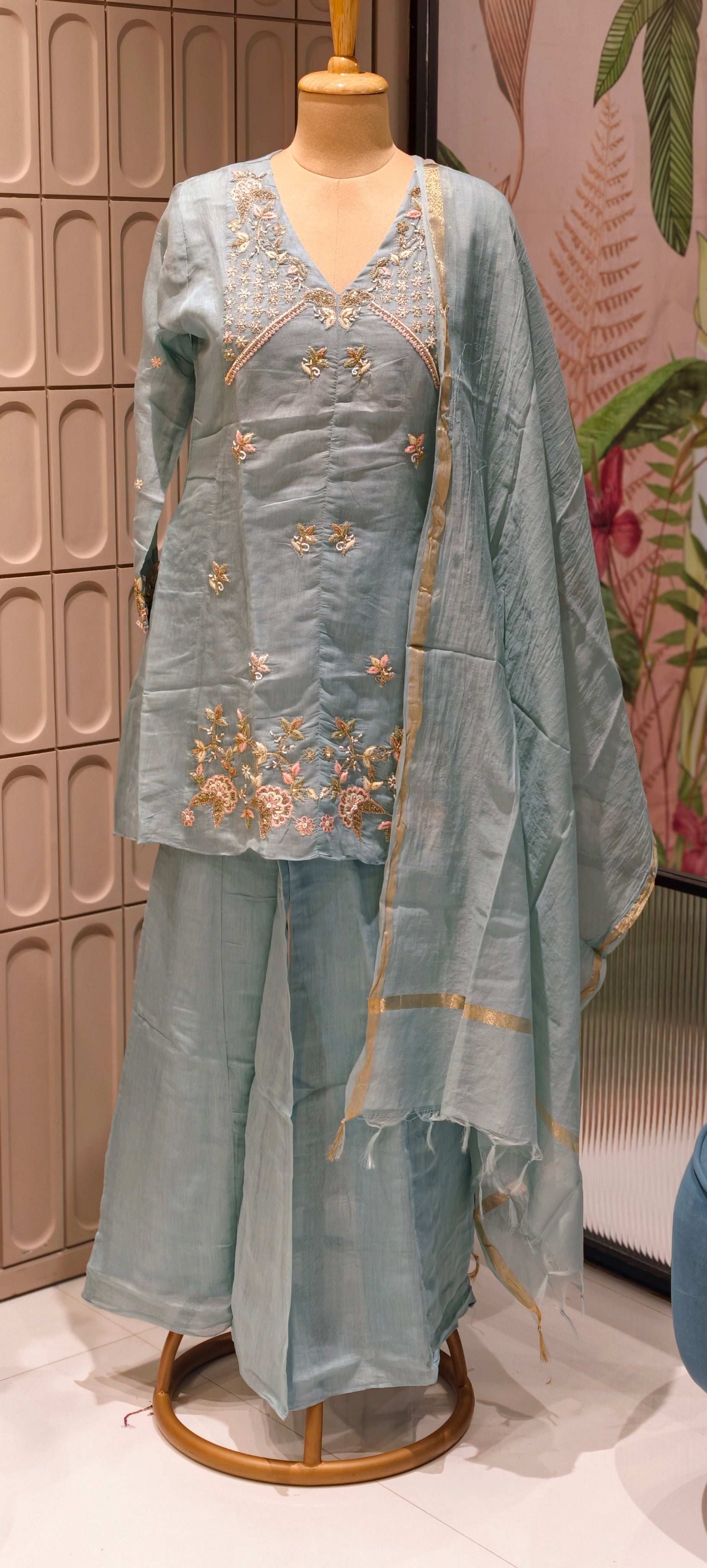 Royal Short Aline style Mulchanderi Embroidered Kurta Pant Set -13859