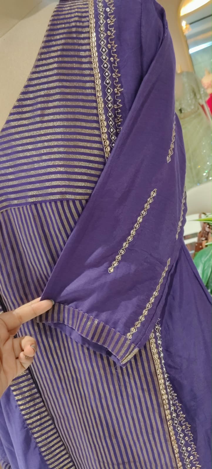 Golden Stripes Intricate Sequin Embroidery Banarasi Mul Chanderi A-Line Full Suit Set With Matching Dupatta- 16339
