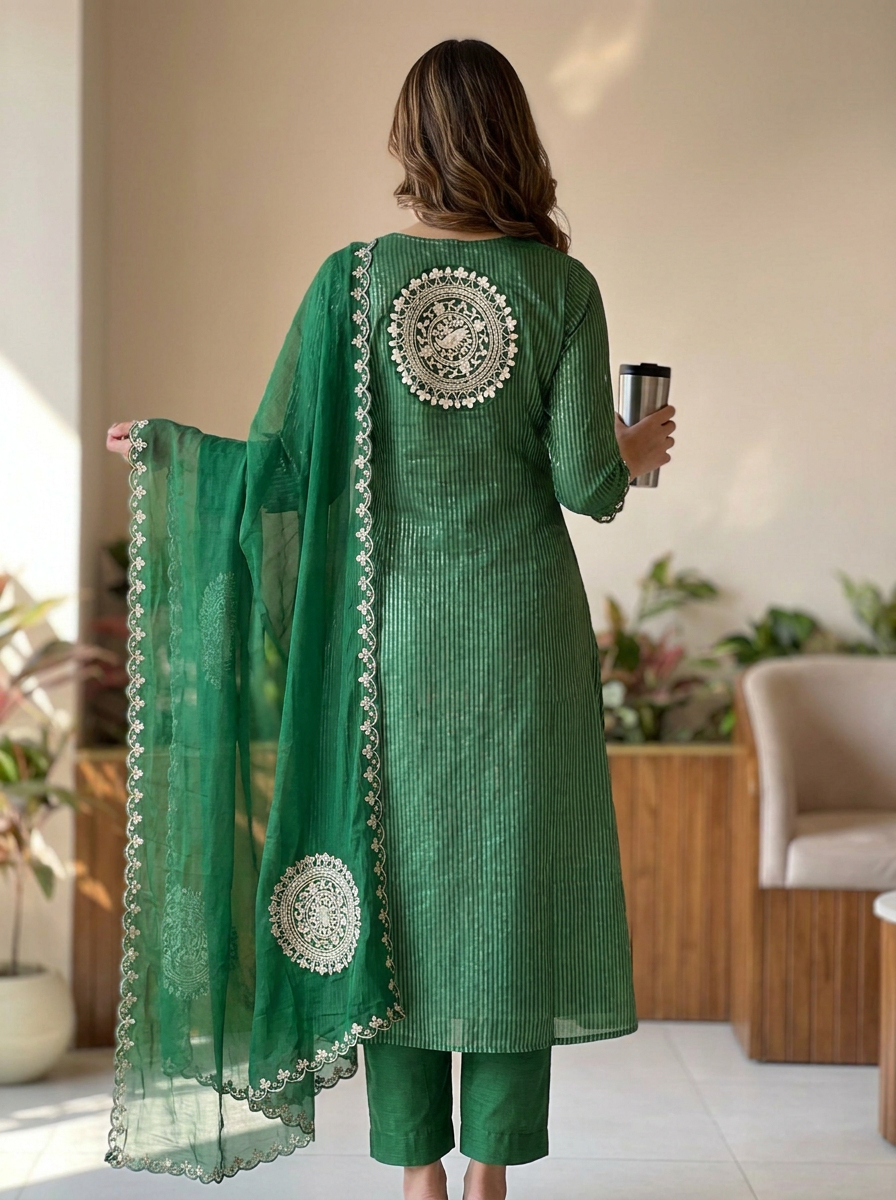 Golden Striped Elegance WIth Gotta Detailings Tissue A-Line Full Suit Set With Dupatta- 16483