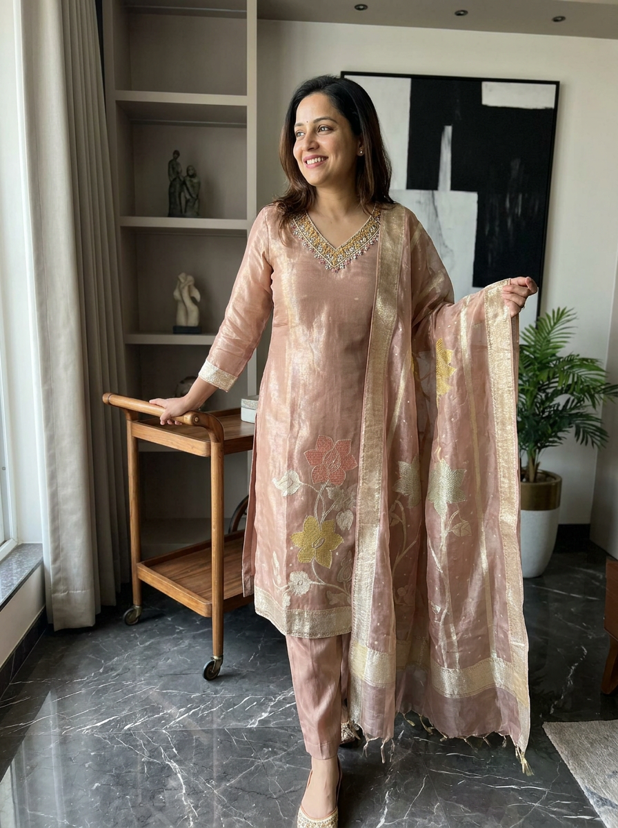 Floral Patch Embroidery Minimal Neckline Tissue A-Line Full Suit Set With Dupatta- 14000