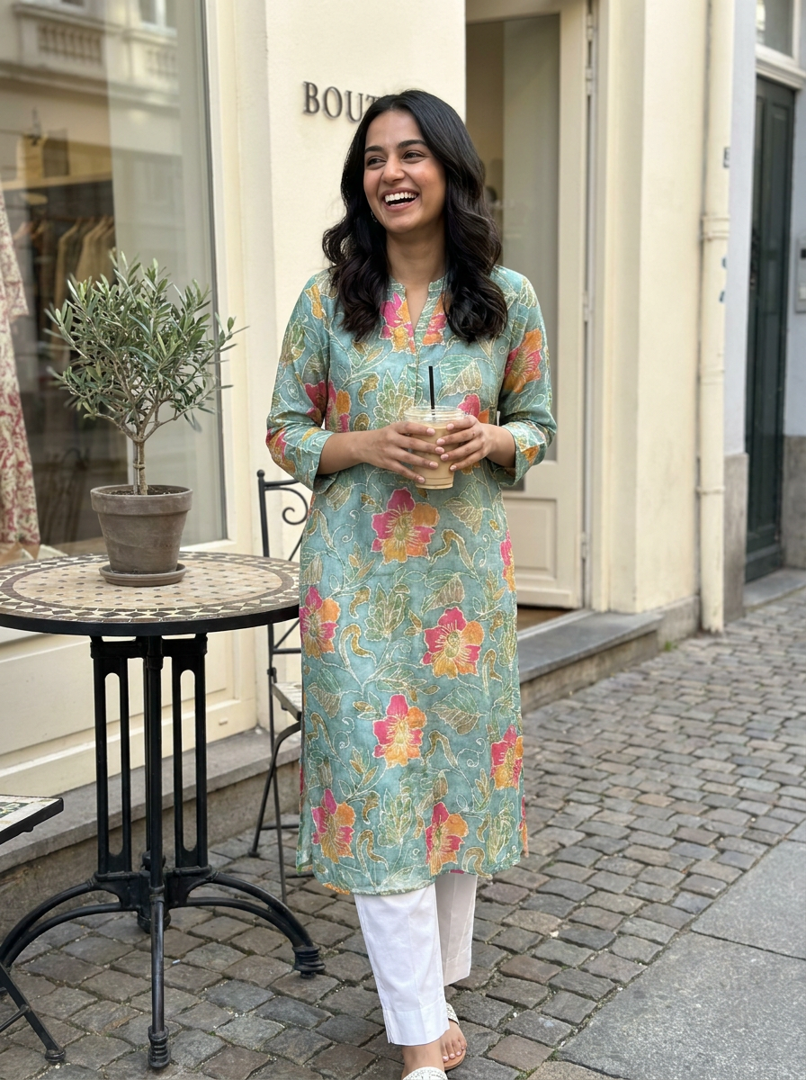 Sea Green Floral Batik Print Notch-Neck Kurti- 16263