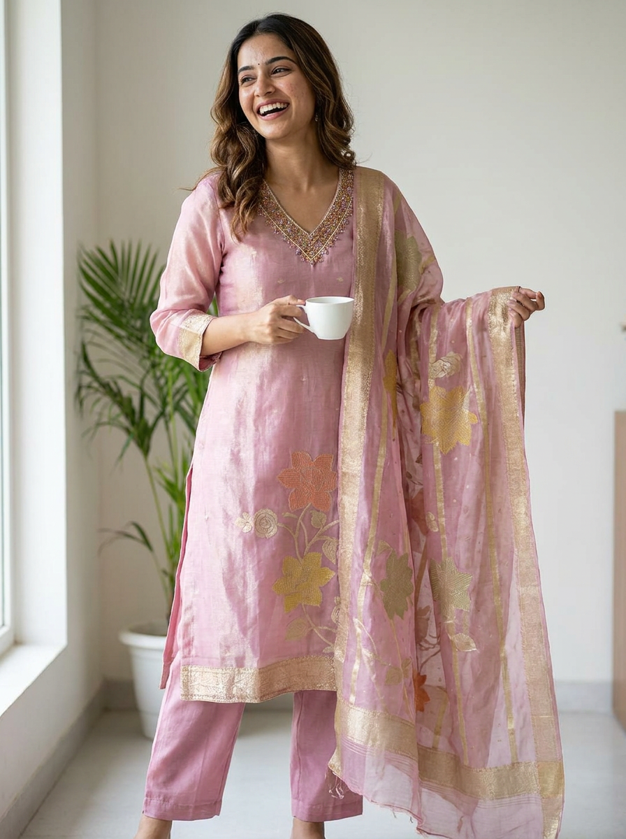 Floral Patch Embroidery Minimal Neckline Tissue A-Line Full Suit Set With Dupatta- 14000
