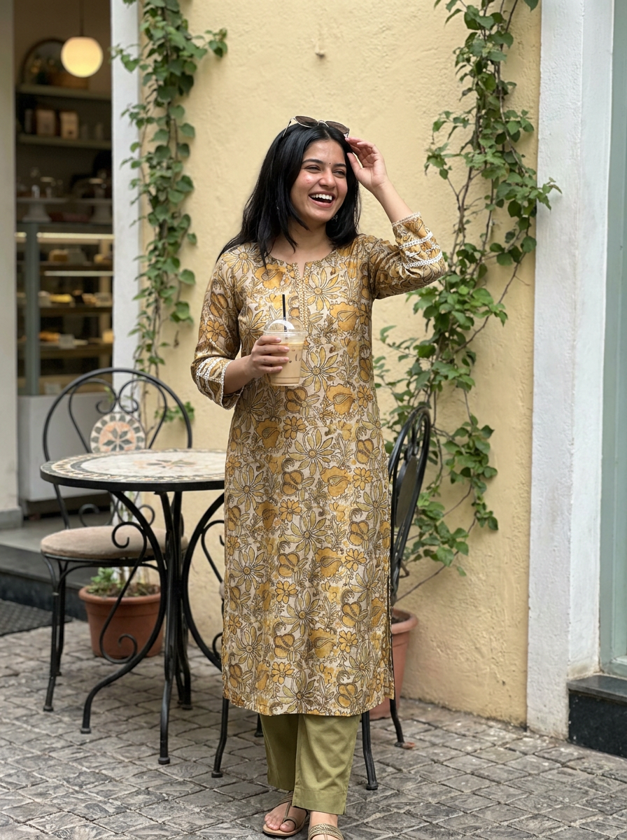 Mustard & Beige Kalamkari-Style Floral Jaal Printed Kurti- 16476